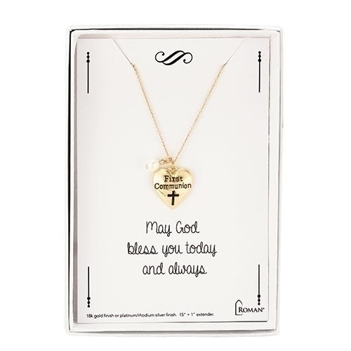 Roman Cross Heart Silver Tone 15 inch Brass and Zinc Metal First Communion Necklace