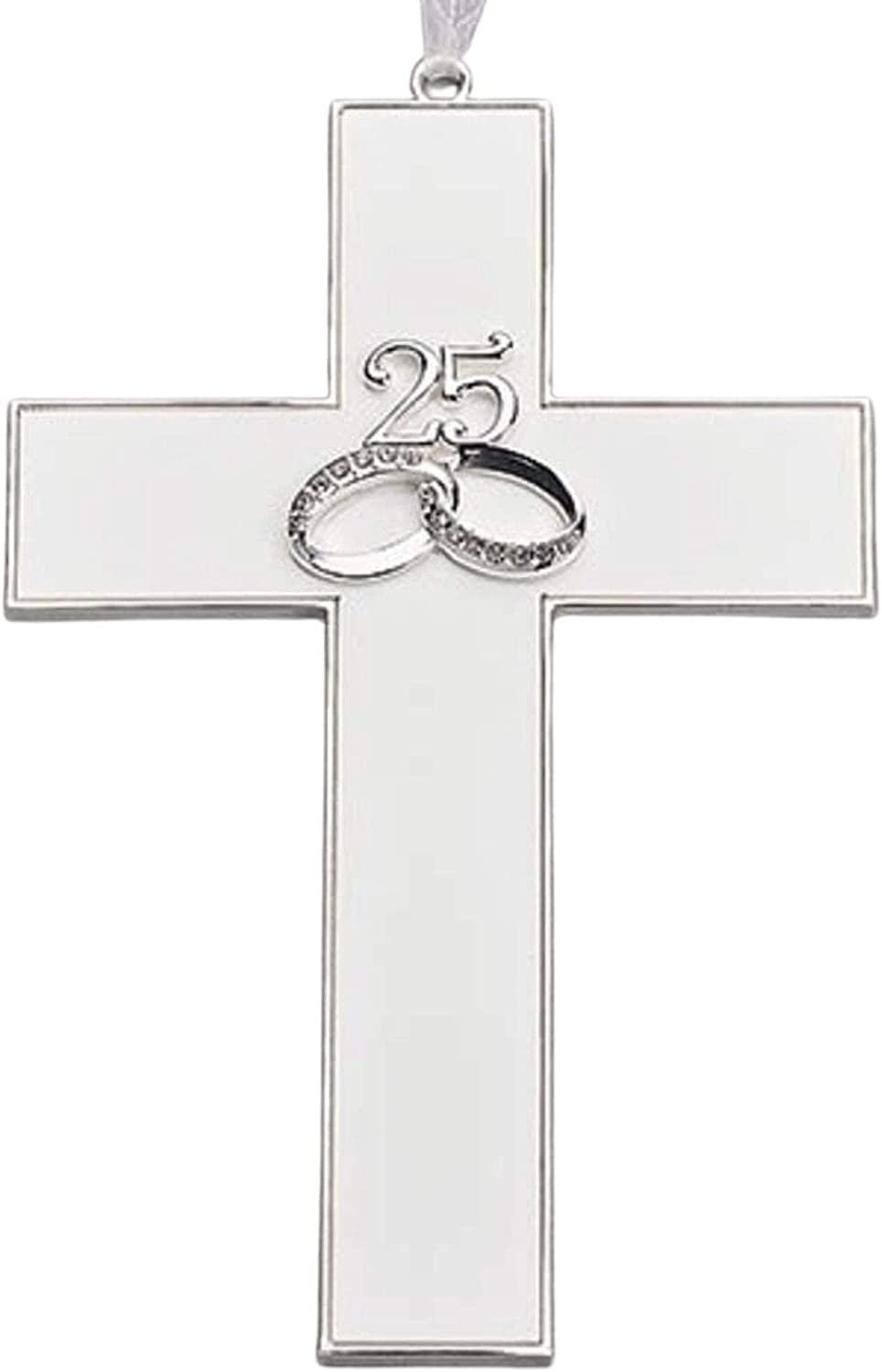 White Cross with a Silver Tone Trimmed, Features 2 Rings in the Center with 25 Above the Rings