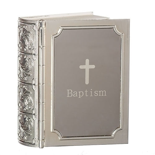 Baptism Bible Design With Cross Silver Tone 3 x 3.5 Zinc Alloy Keepsake Box