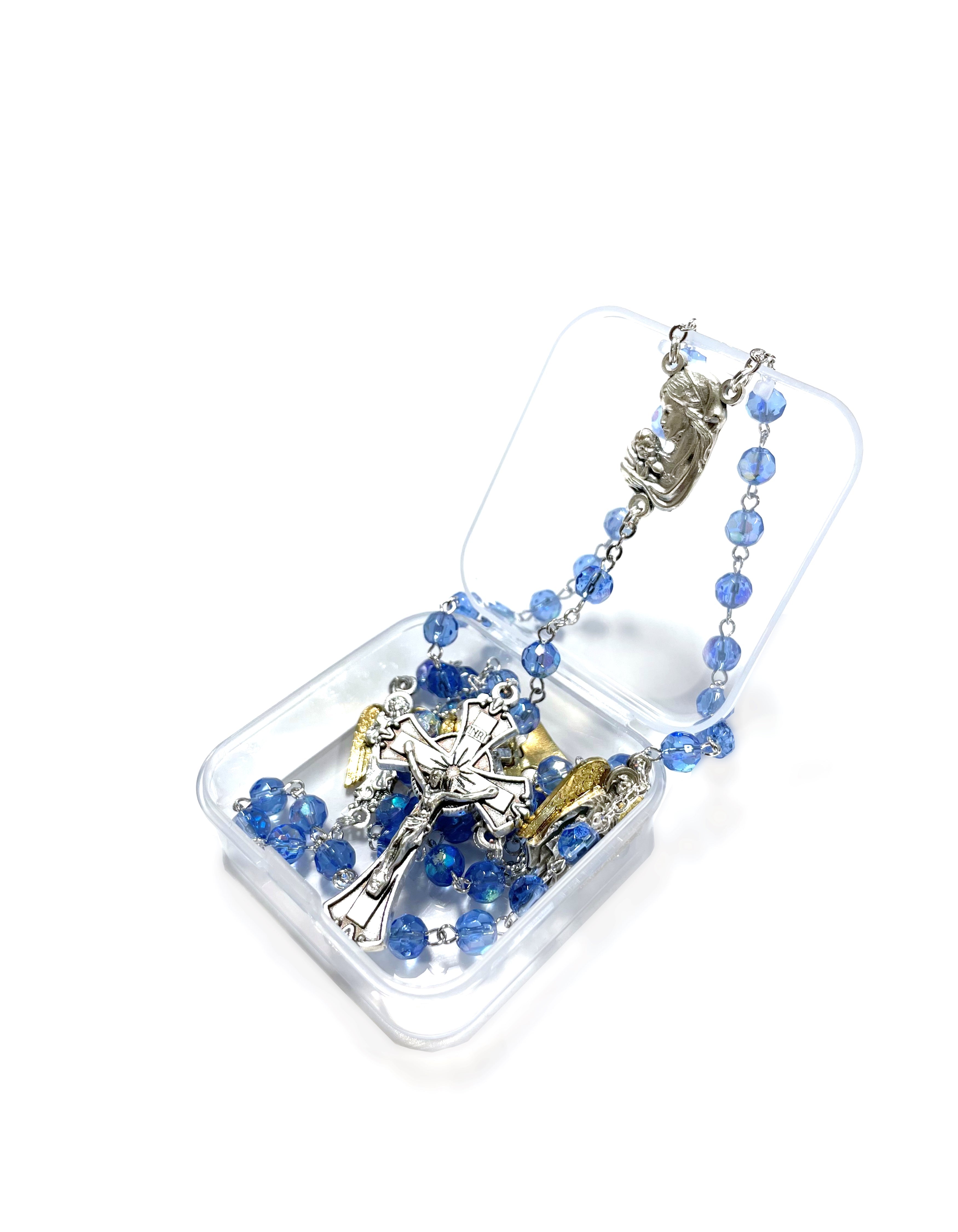 Blue crystal rosary with medals of the three Archangels and the Guardian Angel