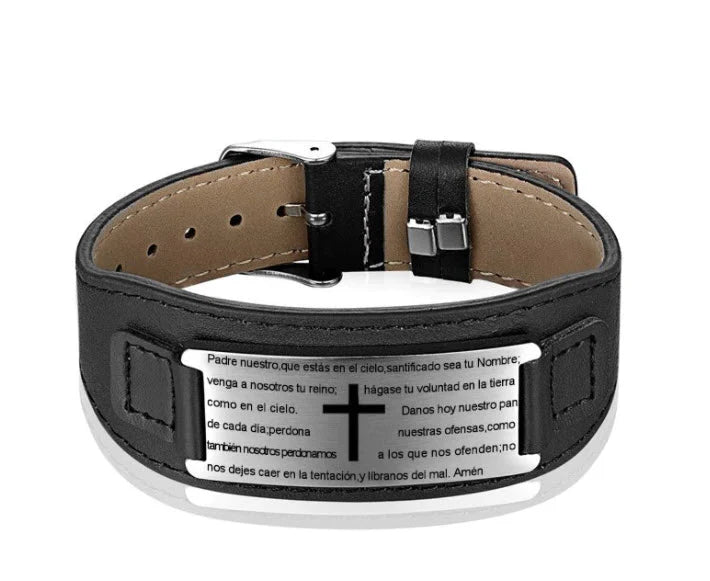 Men's Leather-Stainless Steel Bracelet Our Father Lord's Prayer (Prayer in Spanish)
