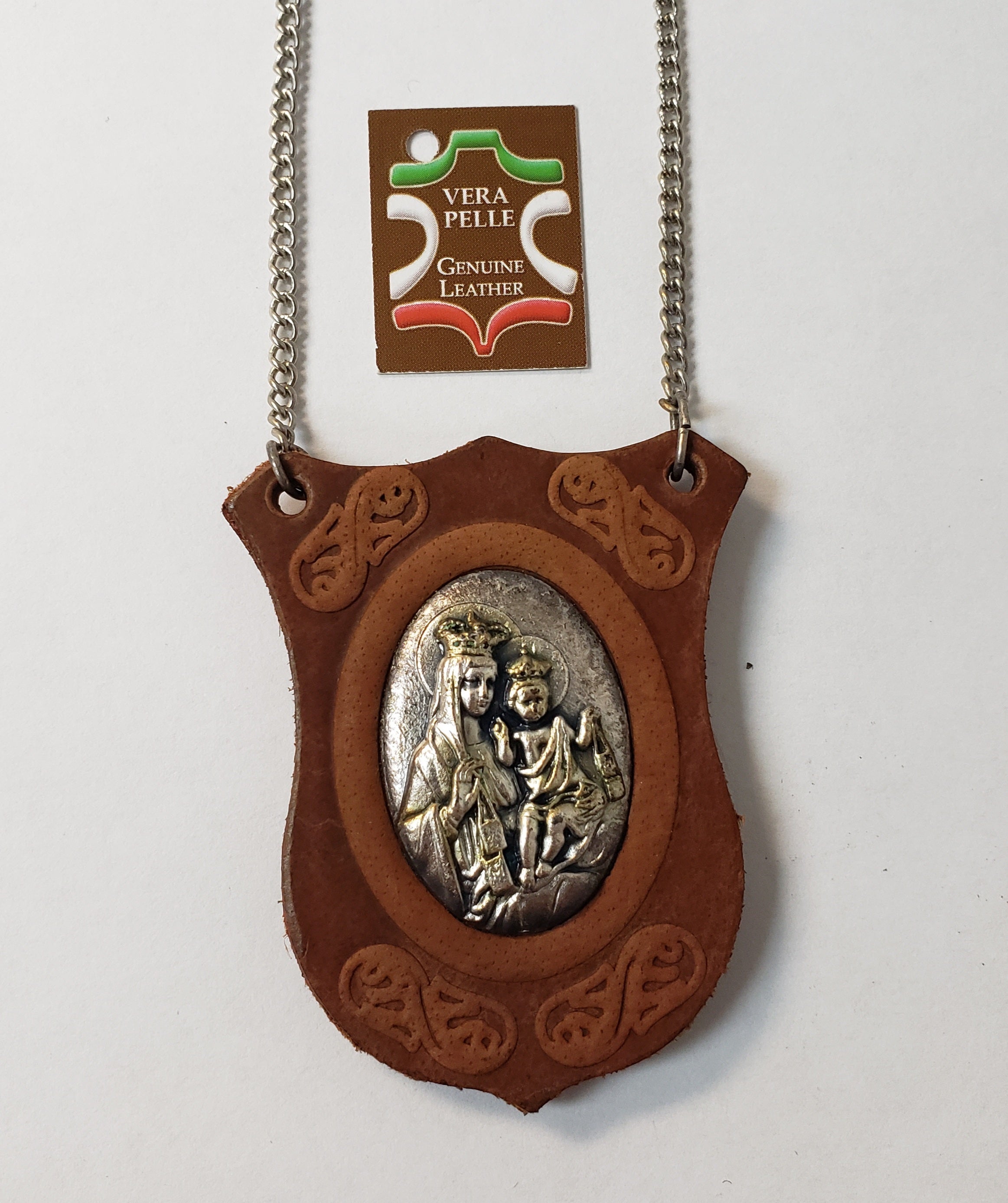 Necklace Scapular Leather and Silver - Made in Italy