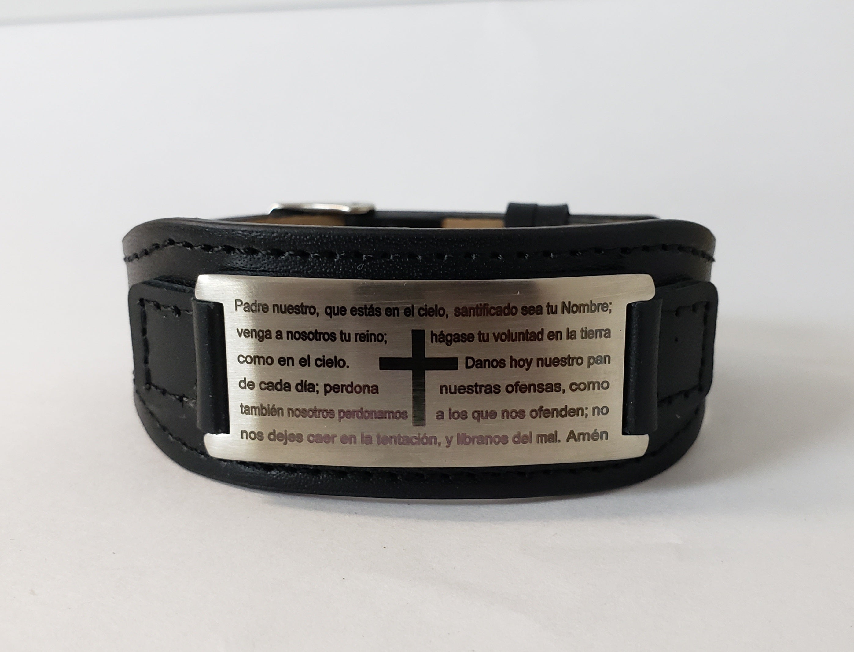 Men's Leather-Stainless Steel Bracelet Our Father Lord's Prayer (Prayer in Spanish)