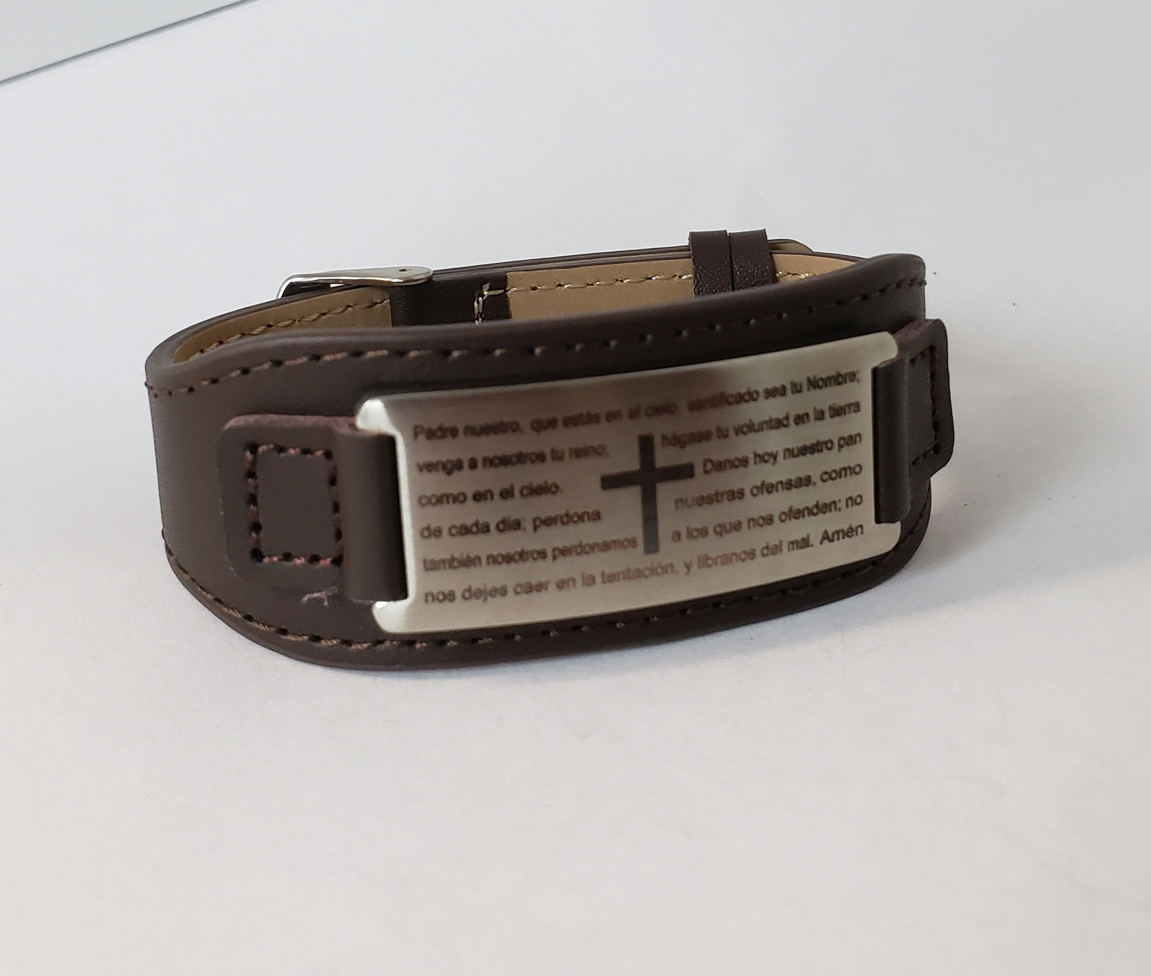 Men's Leather-Stainless Steel Bracelet Our Father Lord's Prayer (Prayer in Spanish)