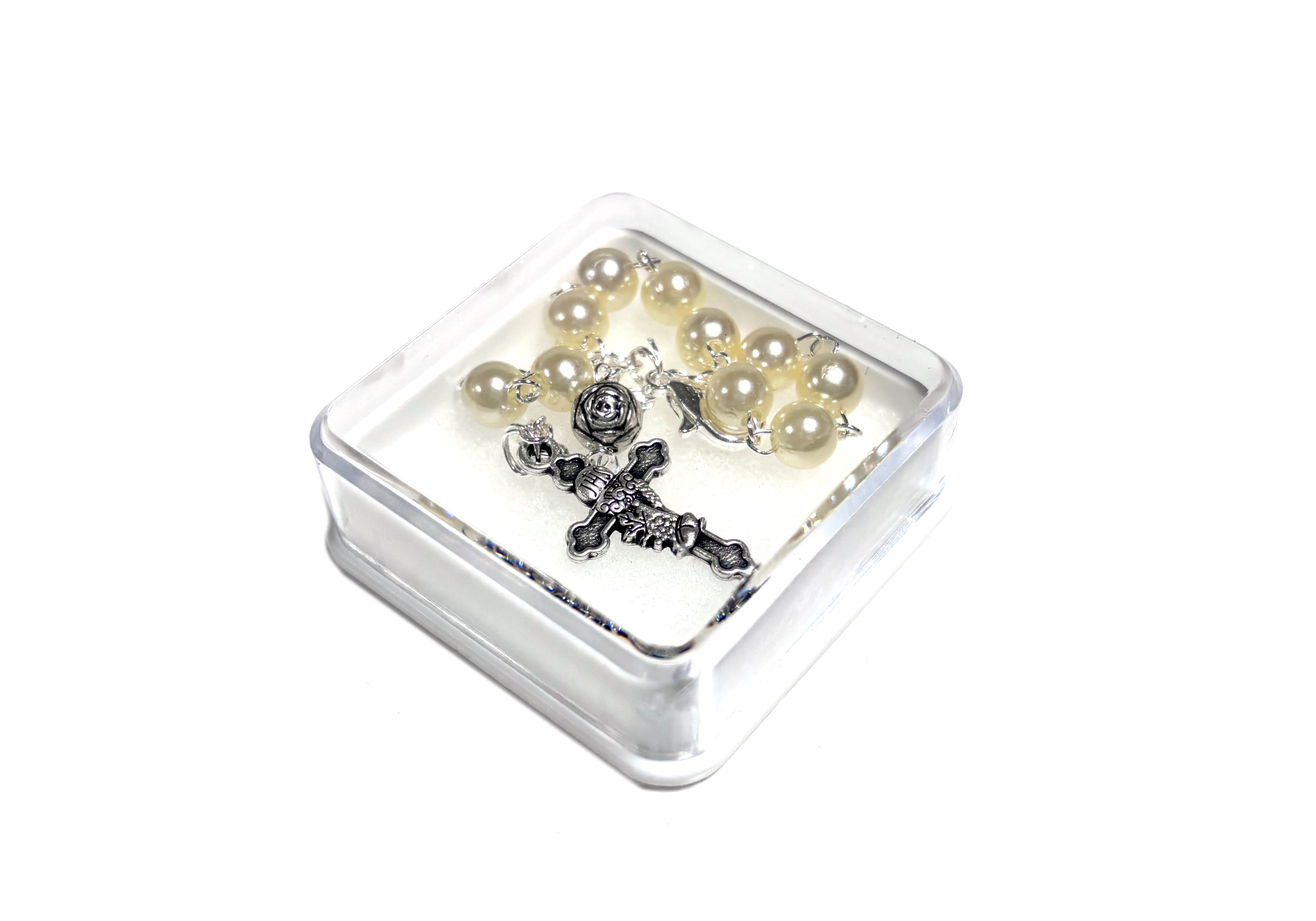 Silver and pearl bead bracelet with communion cross