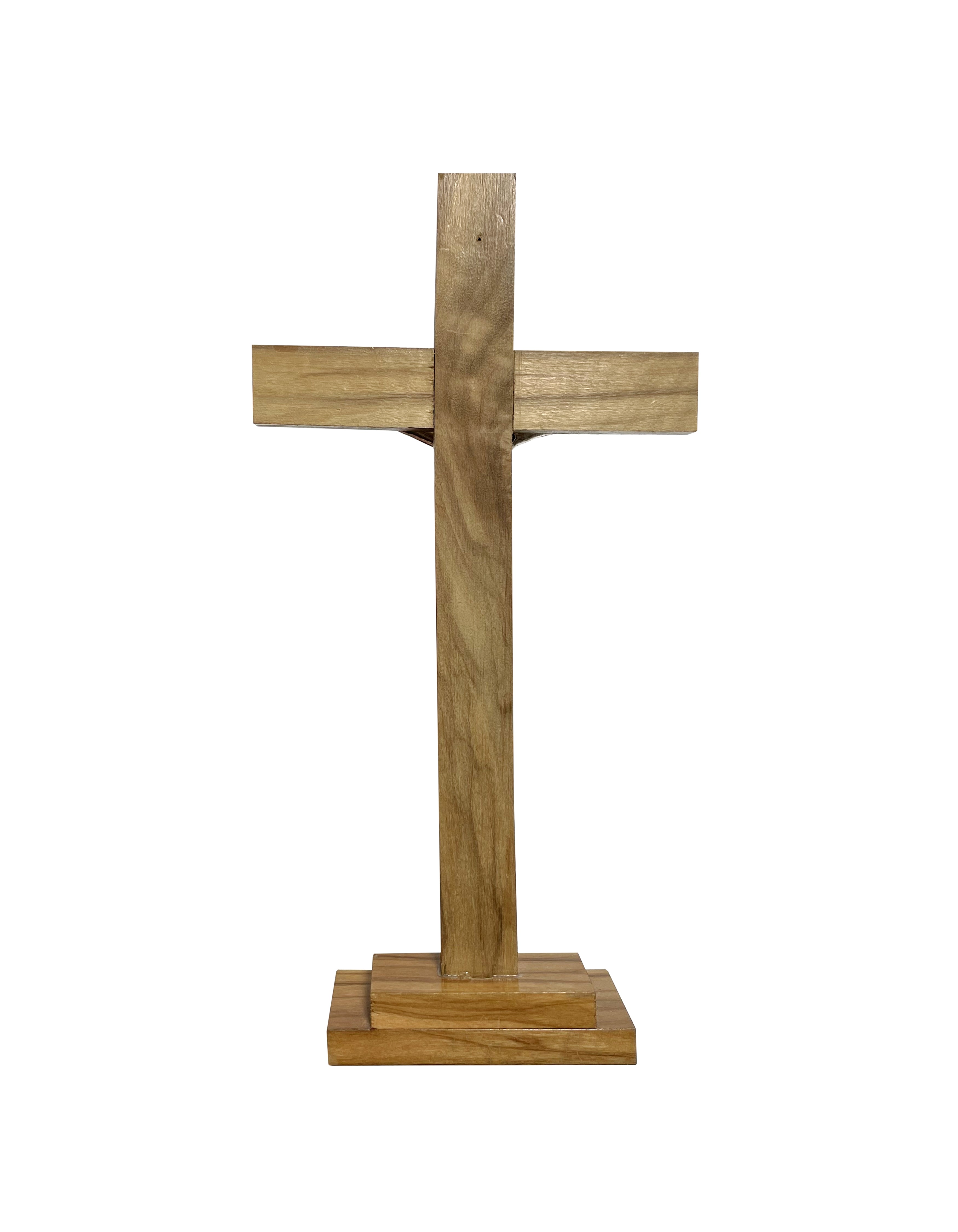 Wooden crucifixes with golden line and silver metal body with standing base and for wall