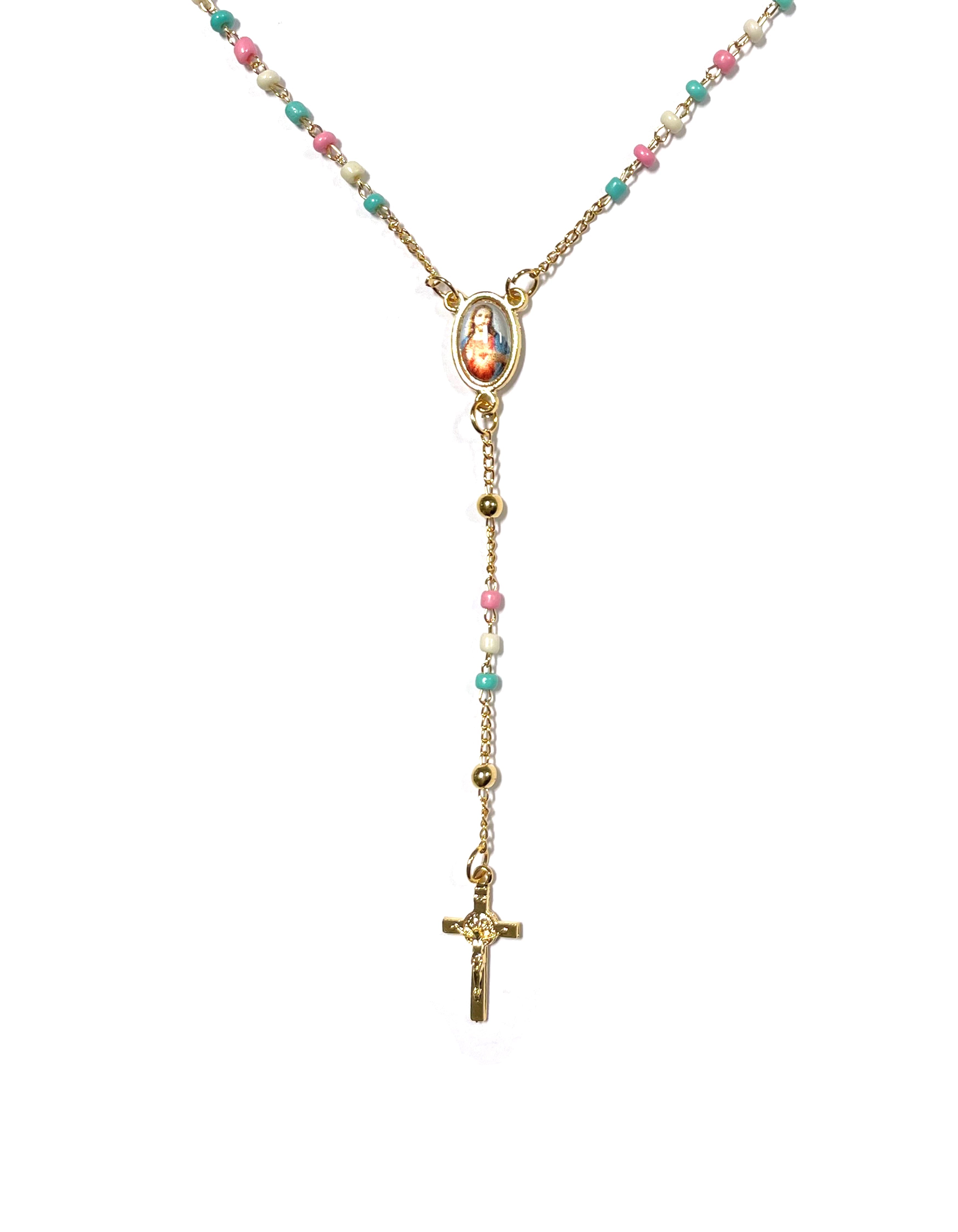 Golden rosary with chain-style colored beads