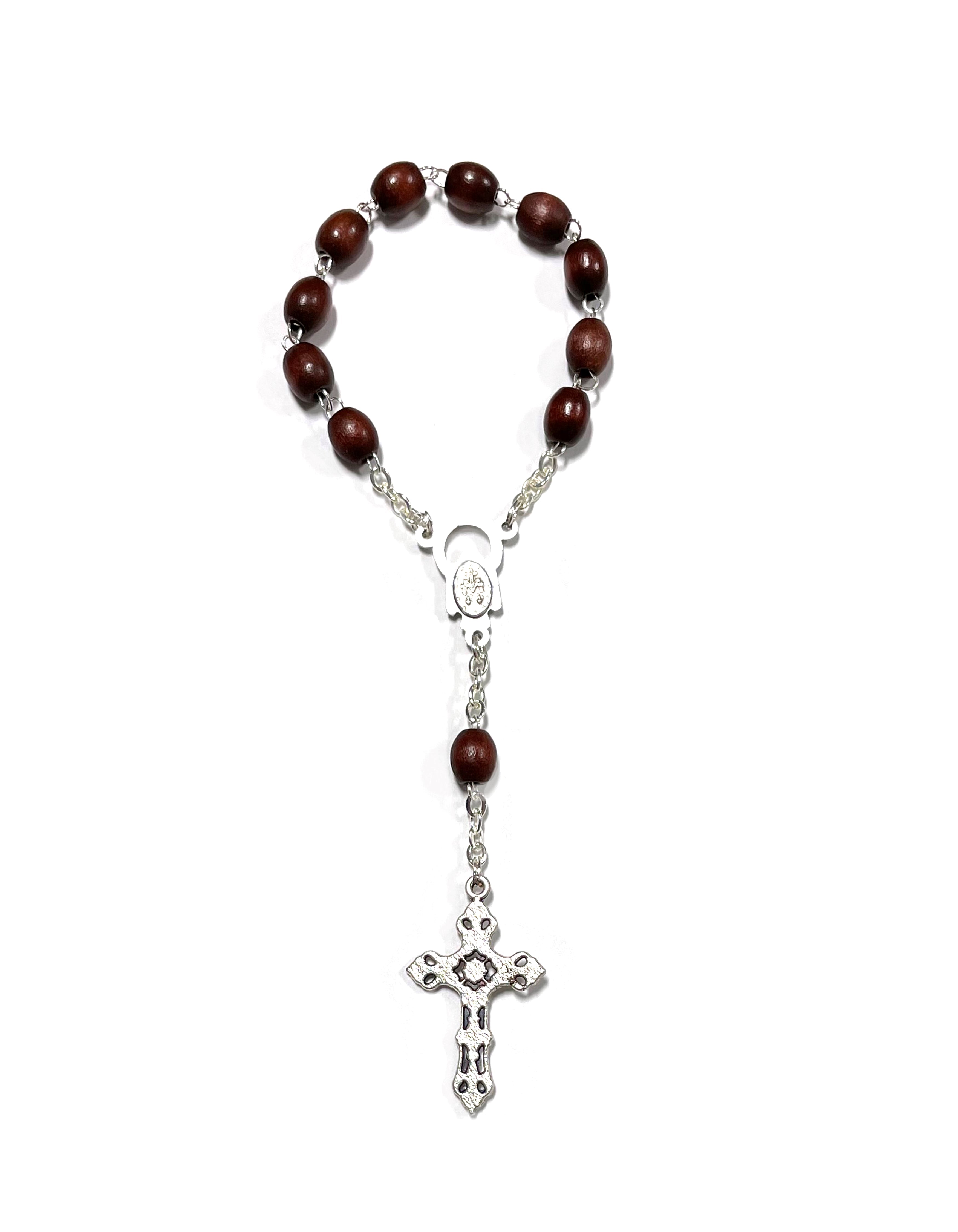 Brown wood and oxidized silver decade Miraculous medal