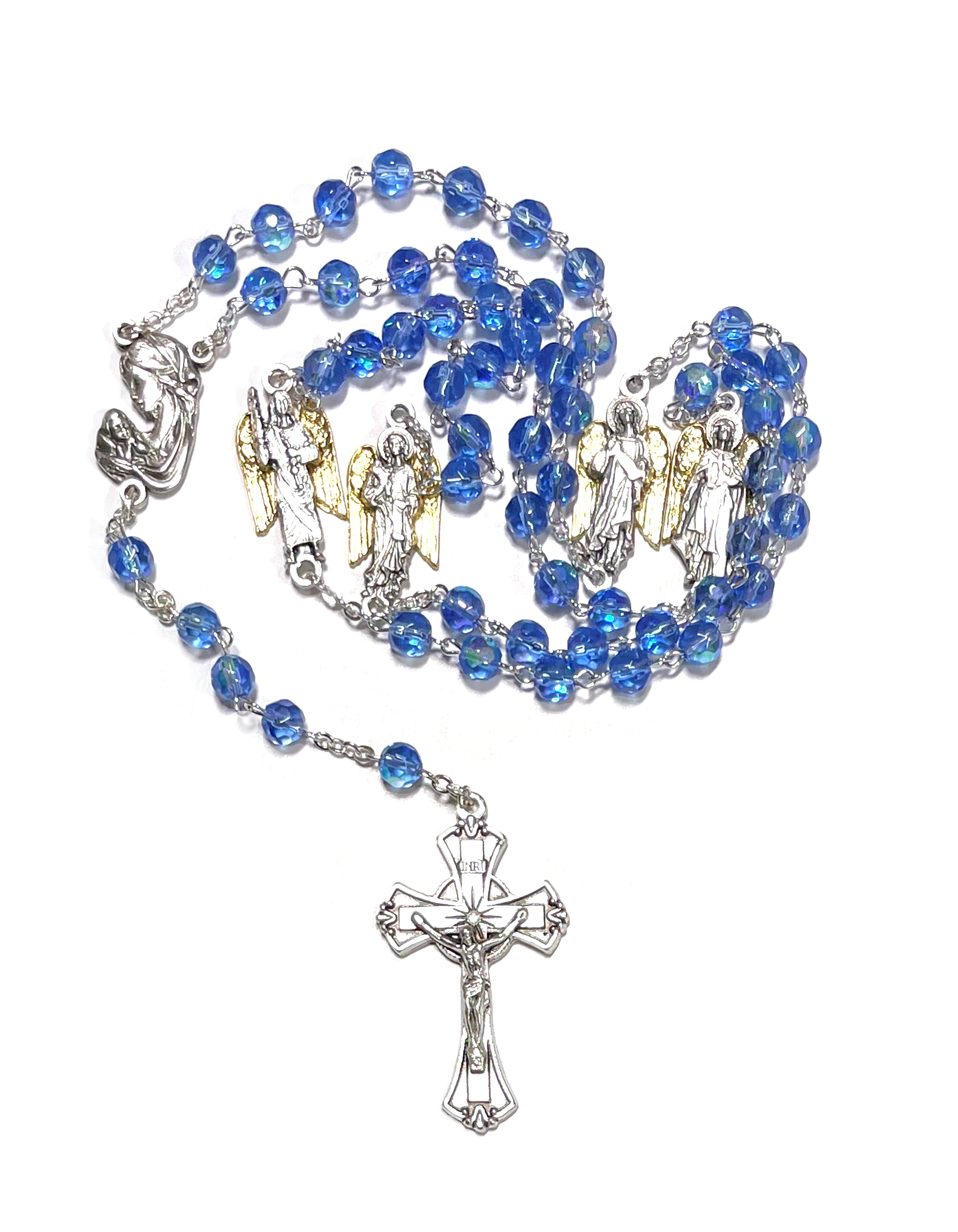 Blue crystal rosary with medals of the three Archangels and the Guardian Angel