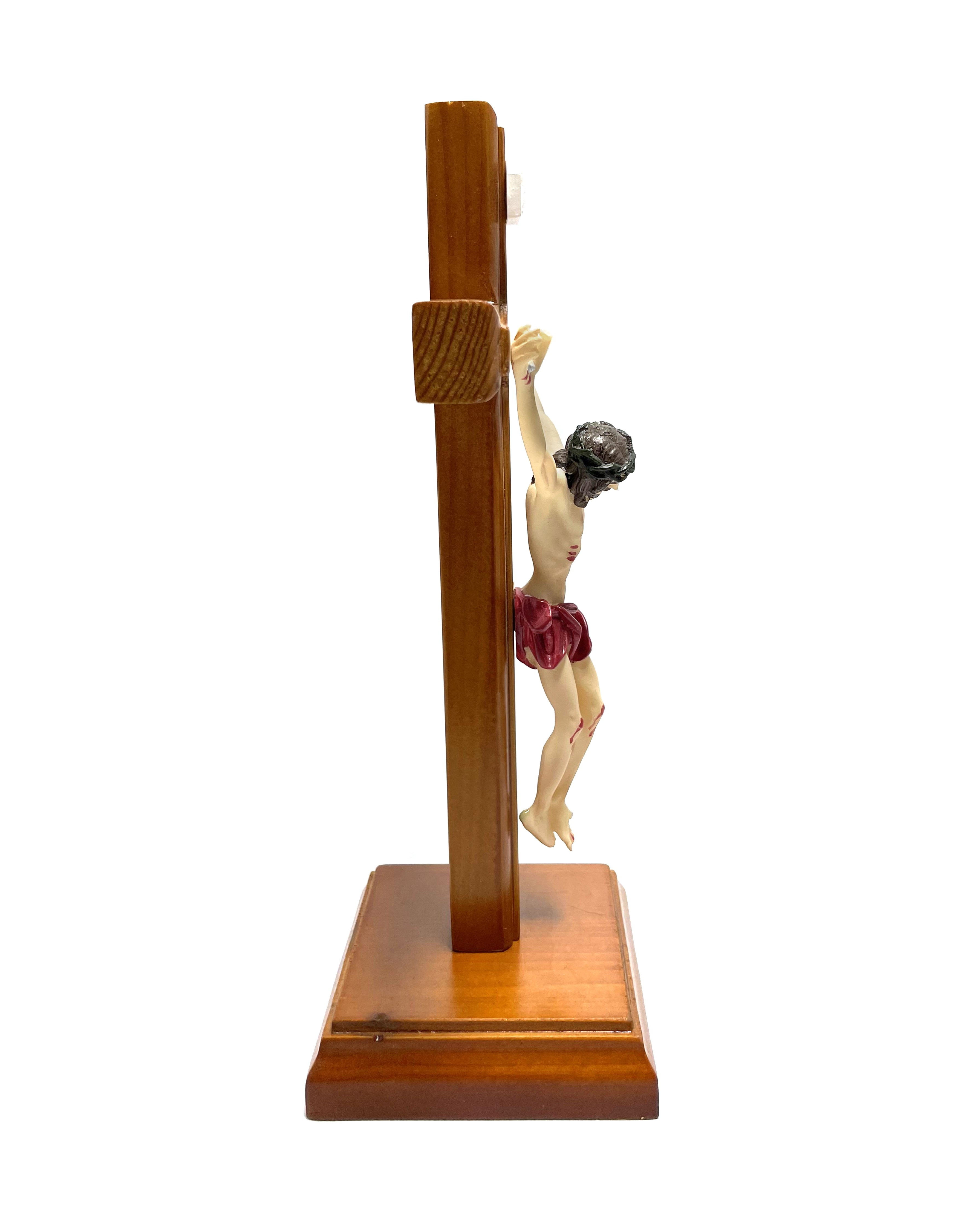 Wooden crucifix with square base and body made with resin