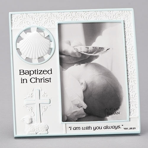 7.25"H Baptism Frame holds a 4"x6" picture Blue or Pink
