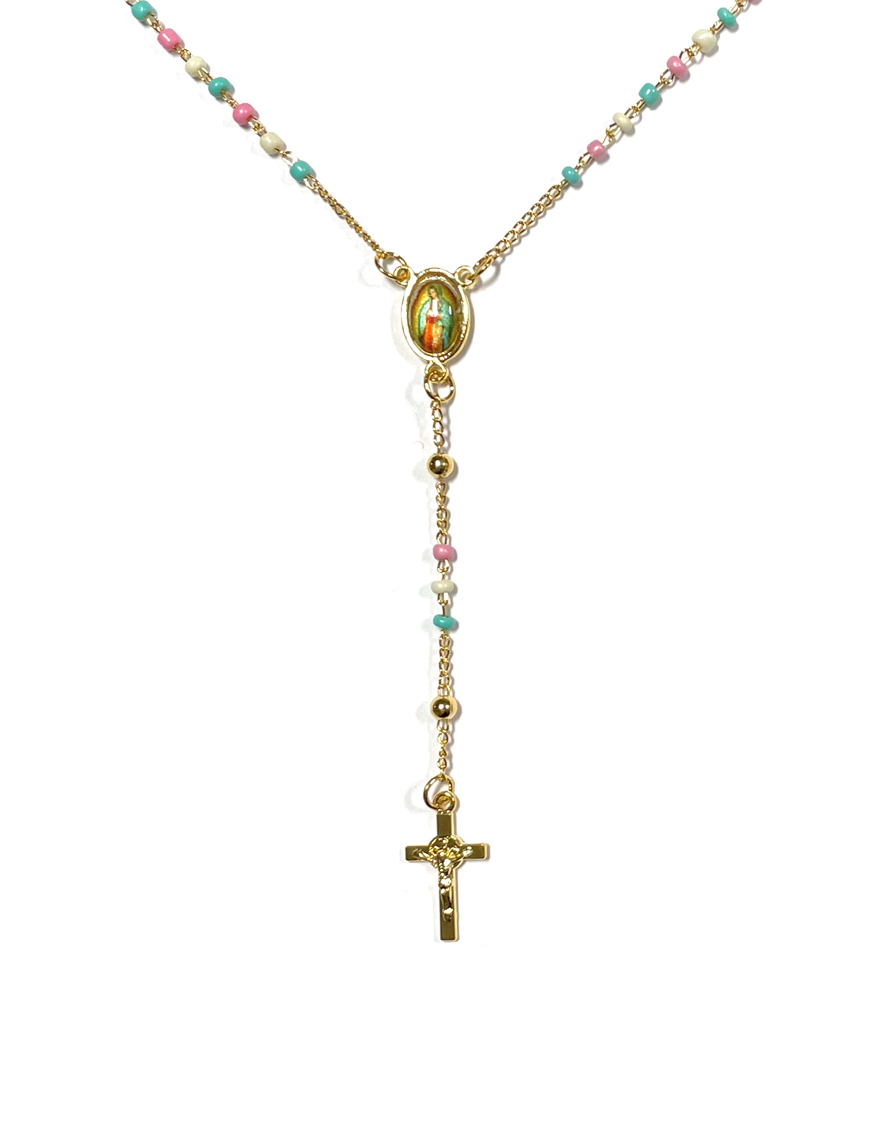 Golden rosary with chain-style colored beads