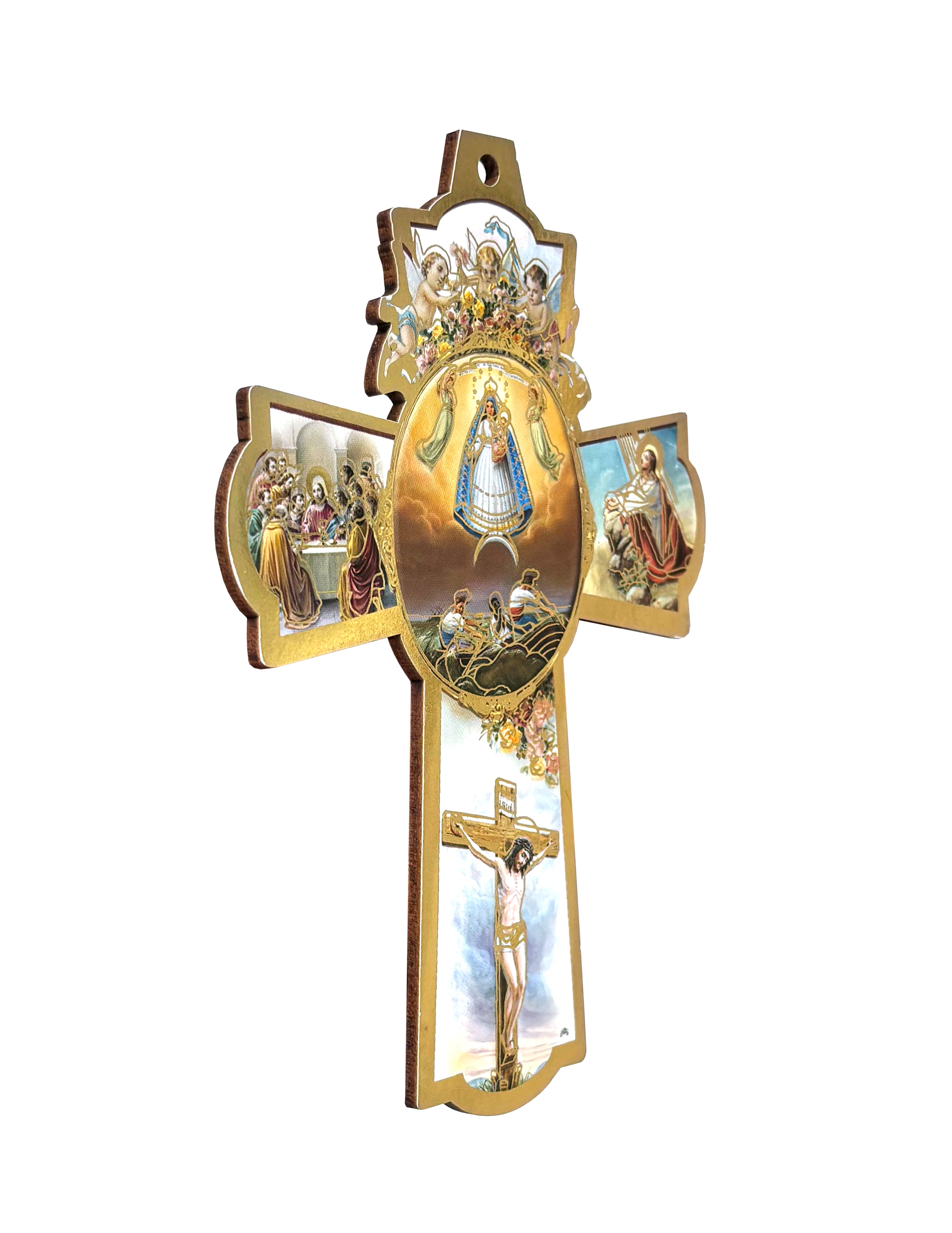 Wooden crucifixes with color images and golden details
