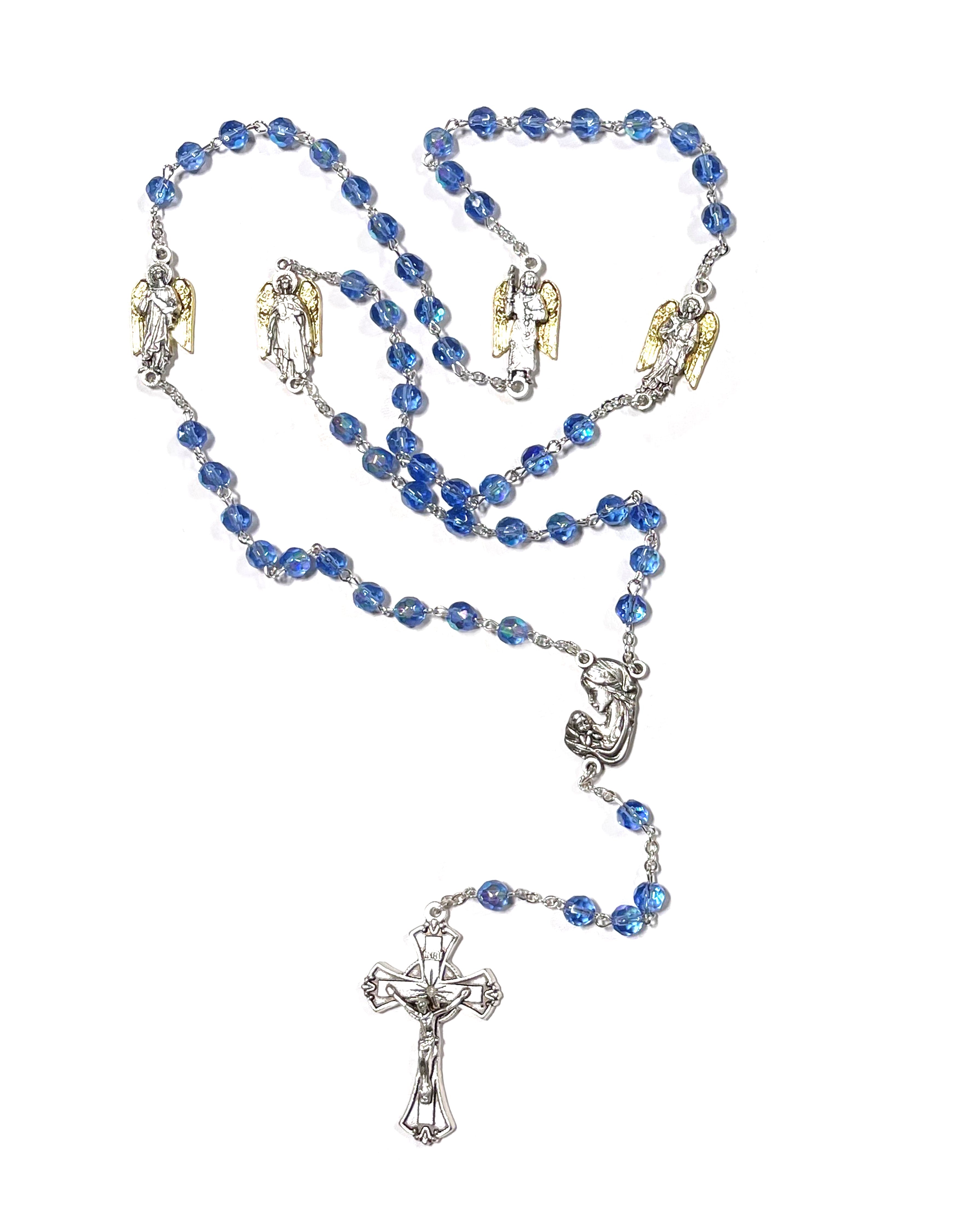 Blue crystal rosary with medals of the three Archangels and the Guardian Angel