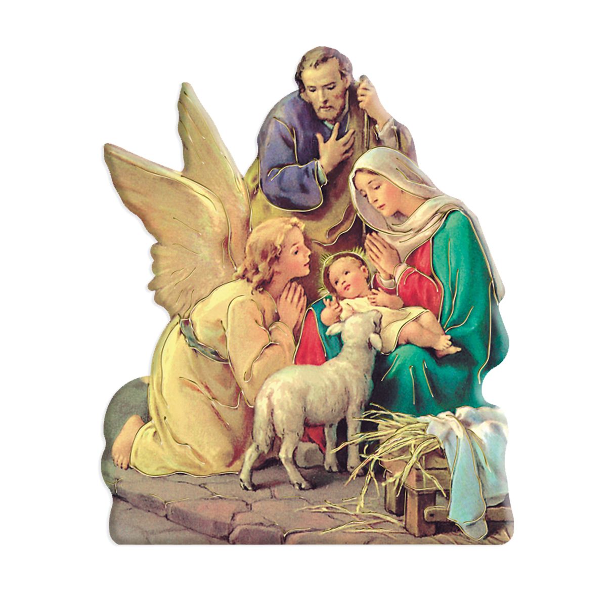 3" Magnetic Resin Statuette of the Holy Family with Angel in 2D with Gold Highlights