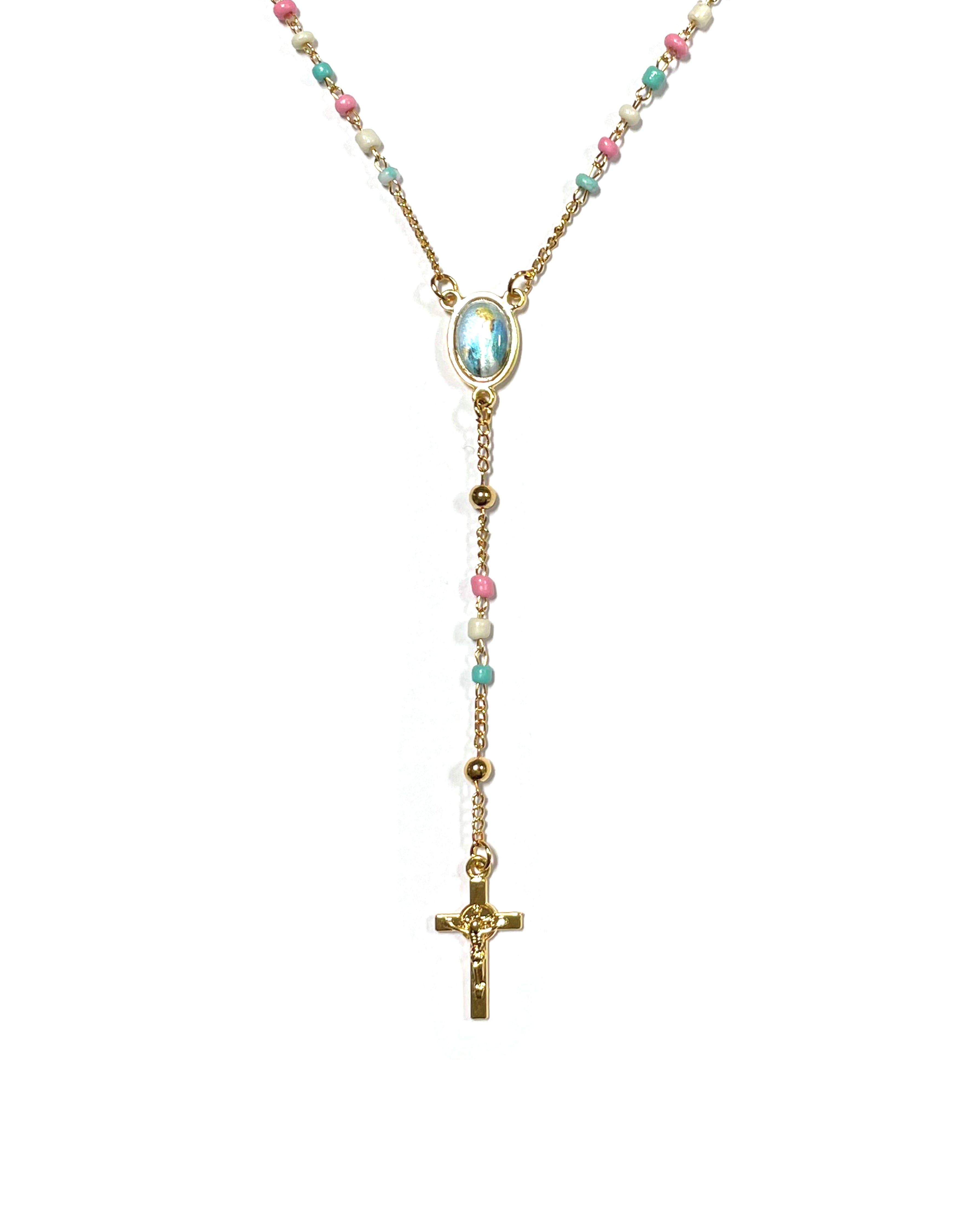 Golden rosary with chain-style colored beads