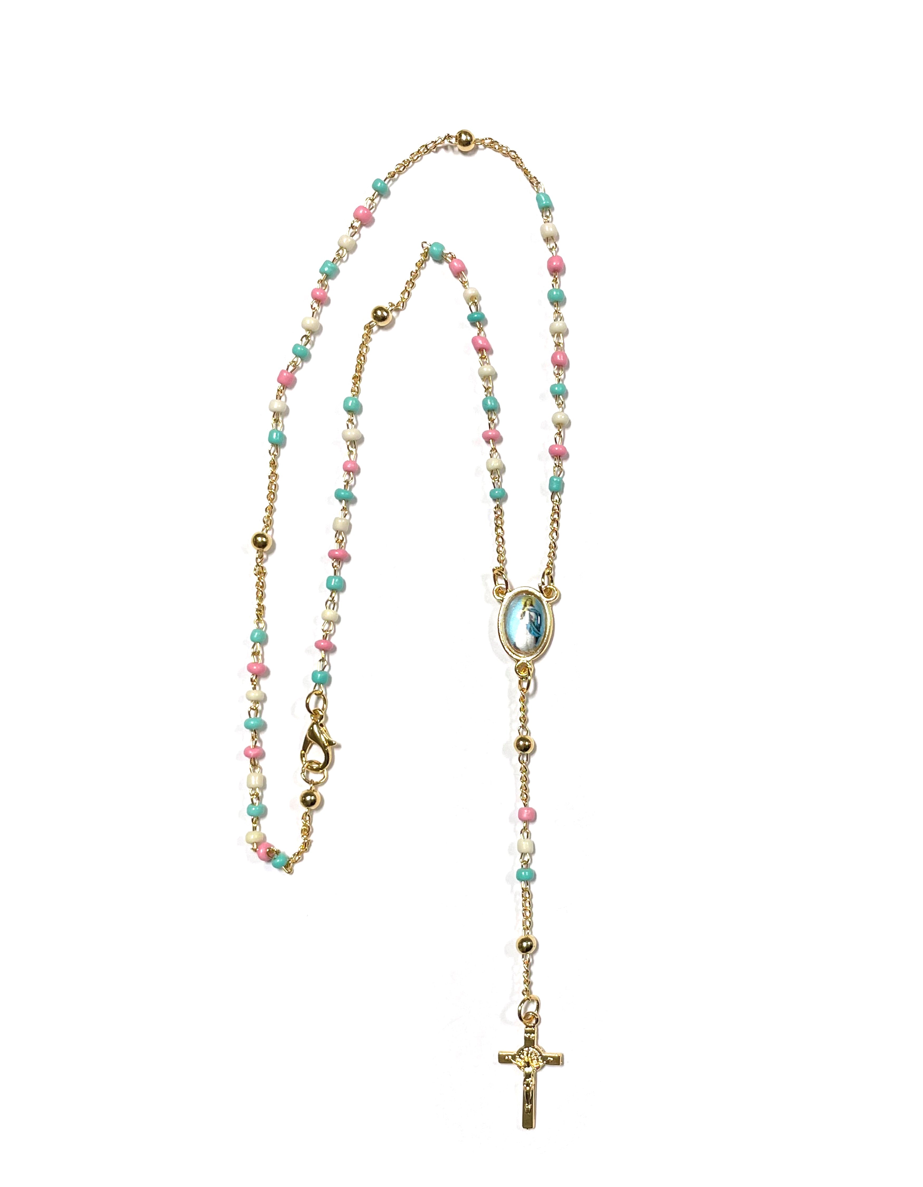 Golden rosary with chain-style colored beads