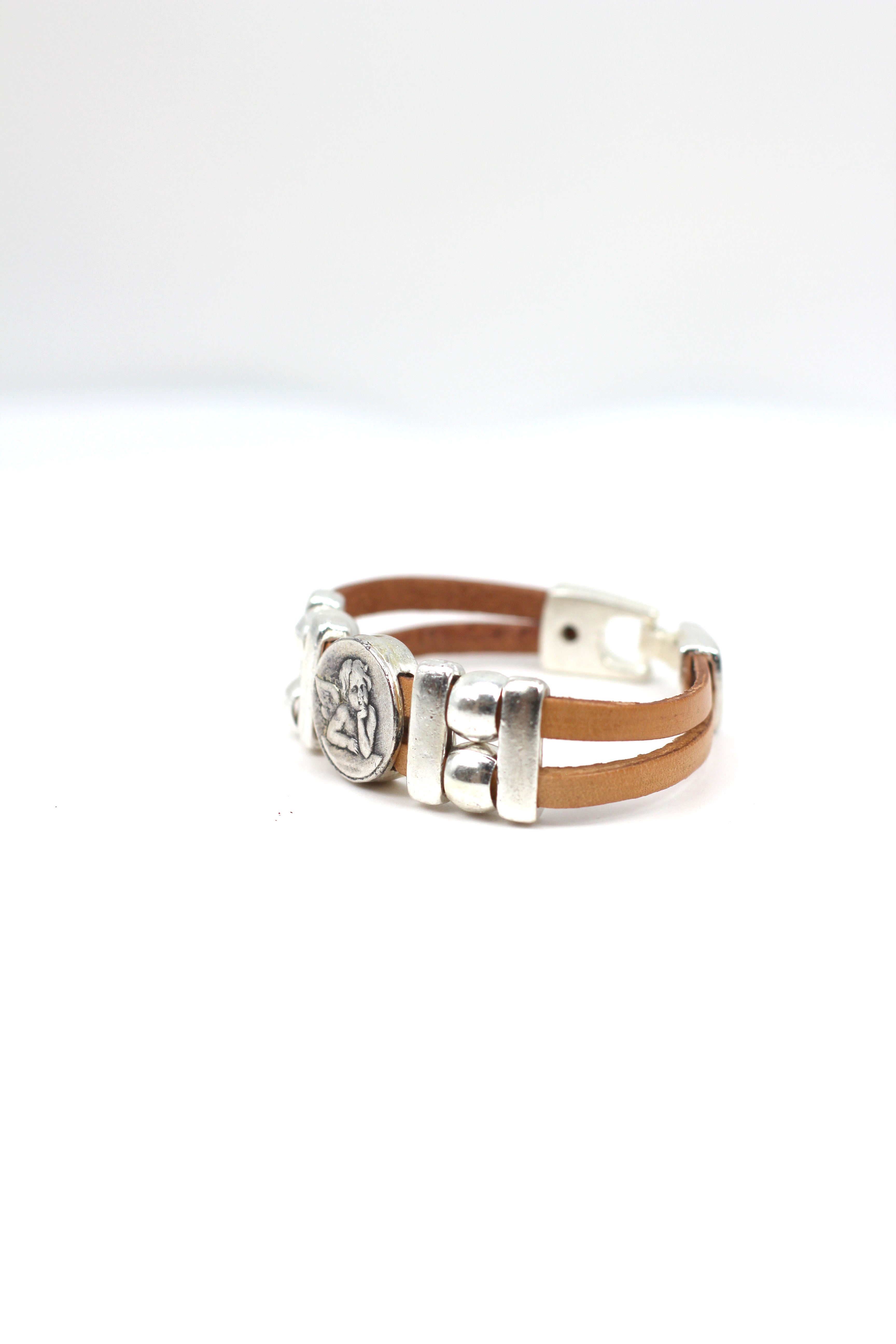 Vintage Bracelet with Double Leather Strap and Medals of The Virgen Mary, St. Benedict, Sacred Heart of Jesus, Guardian Angel, and Holy Spirit handmade jewelry by Graciela's Collection