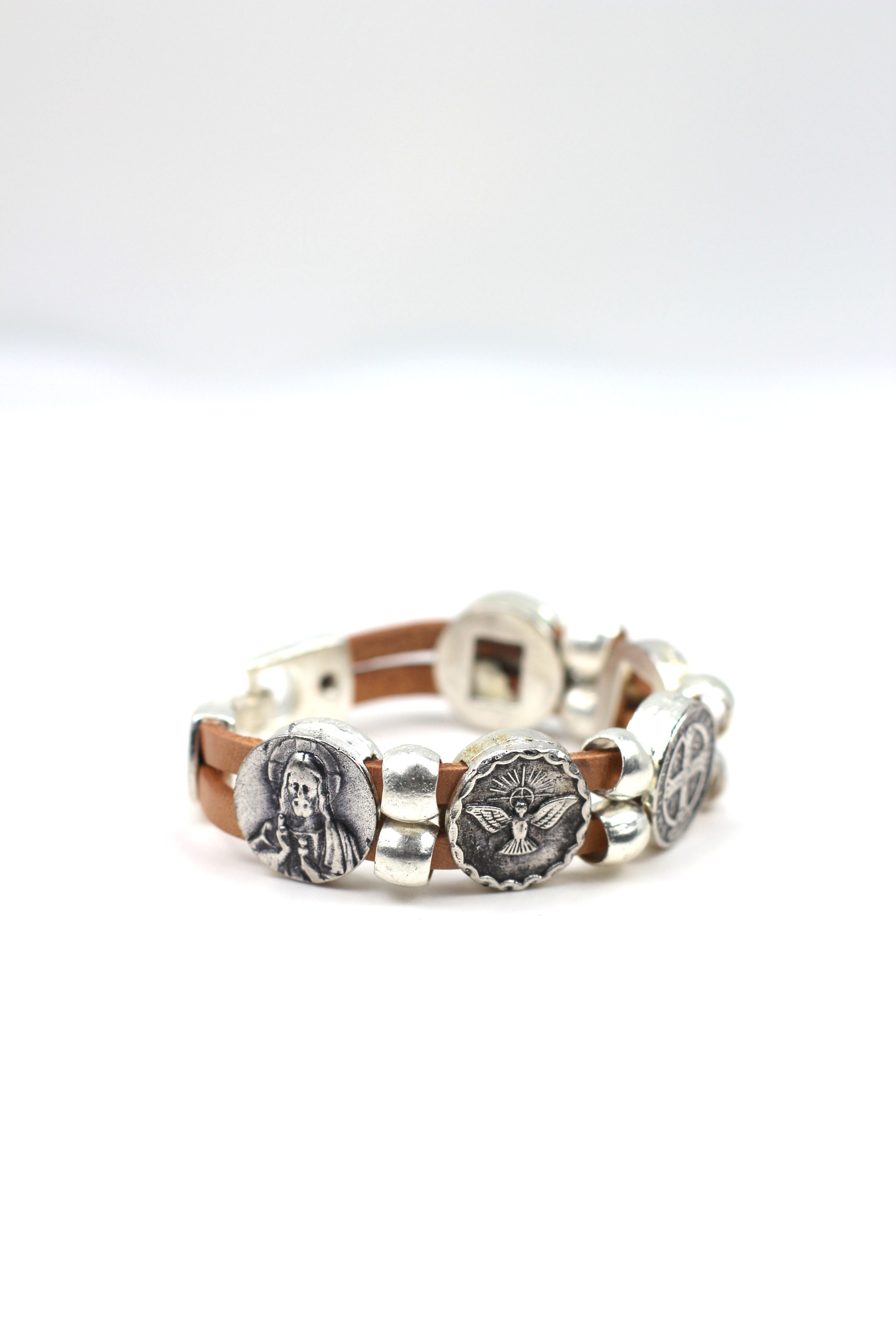 Vintage Bracelet with Double Leather Strap and Medals of The Virgen Mary, St. Benedict, Sacred Heart of Jesus, Guardian Angel, and Holy Spirit handmade jewelry by Graciela's Collection