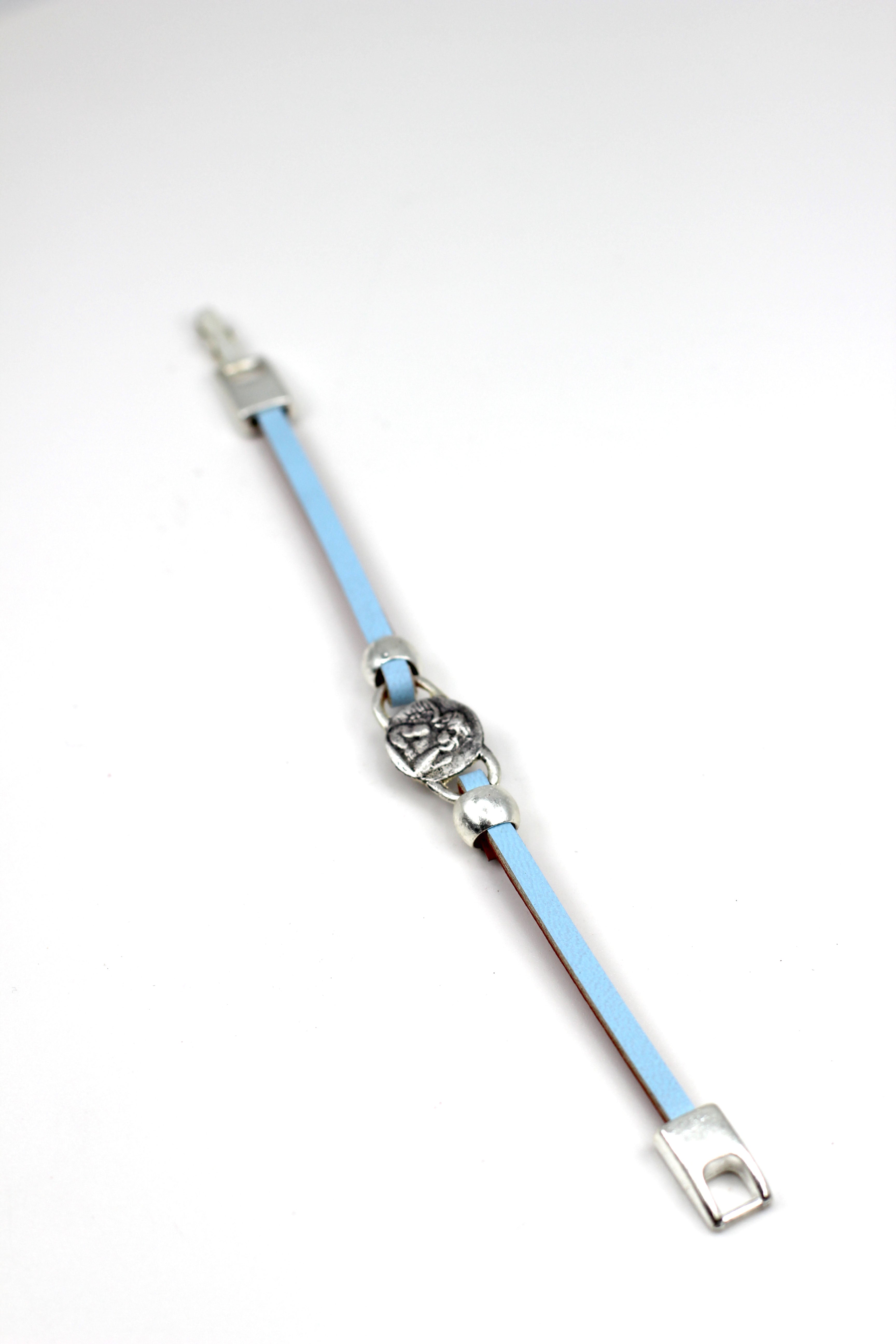 Girls Bracelet of The Guardian Angel handmade jewelry with a Single Leather Strap by Graciela's Collection