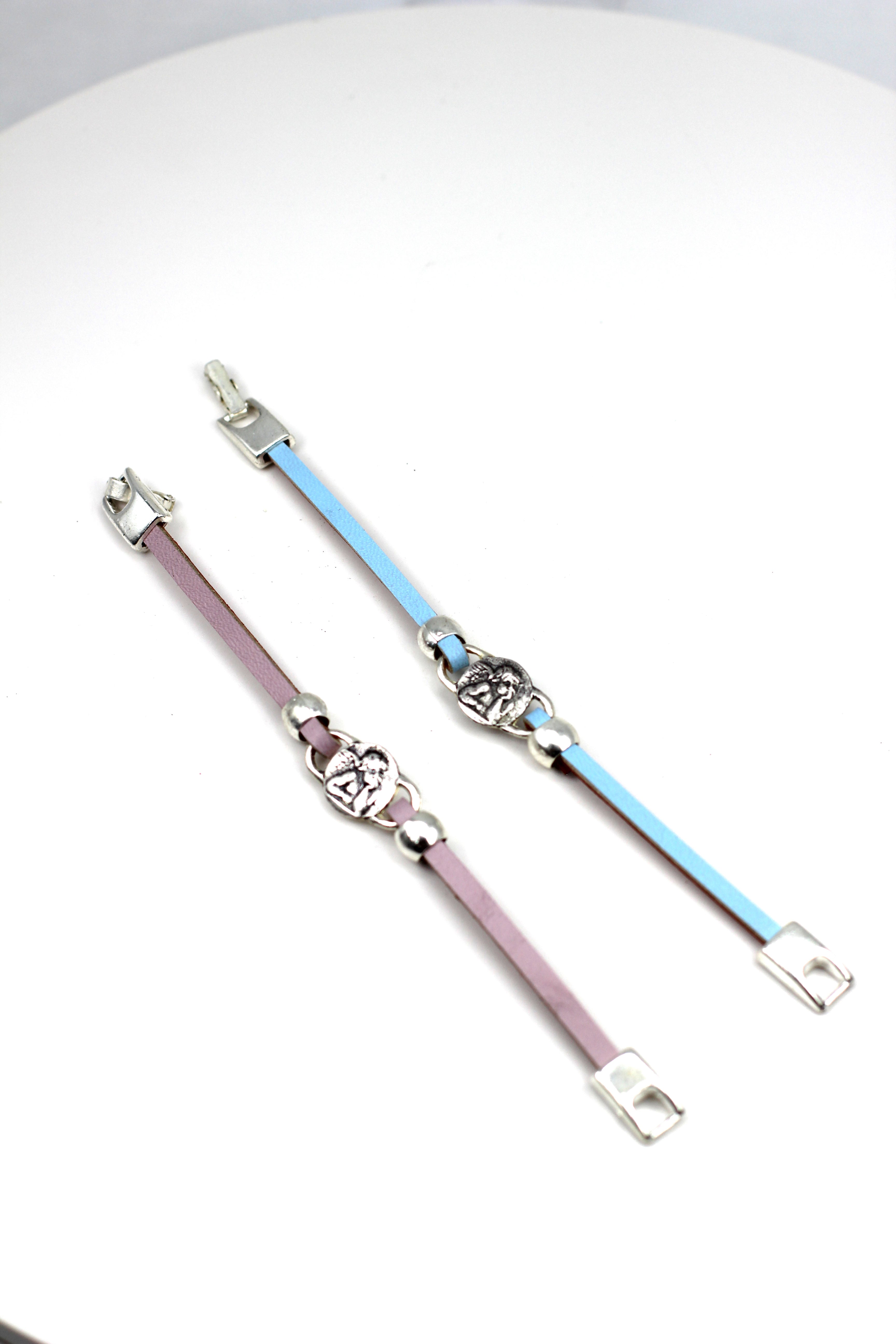 Girls Bracelet of The Guardian Angel handmade jewelry with a Single Leather Strap by Graciela's Collection