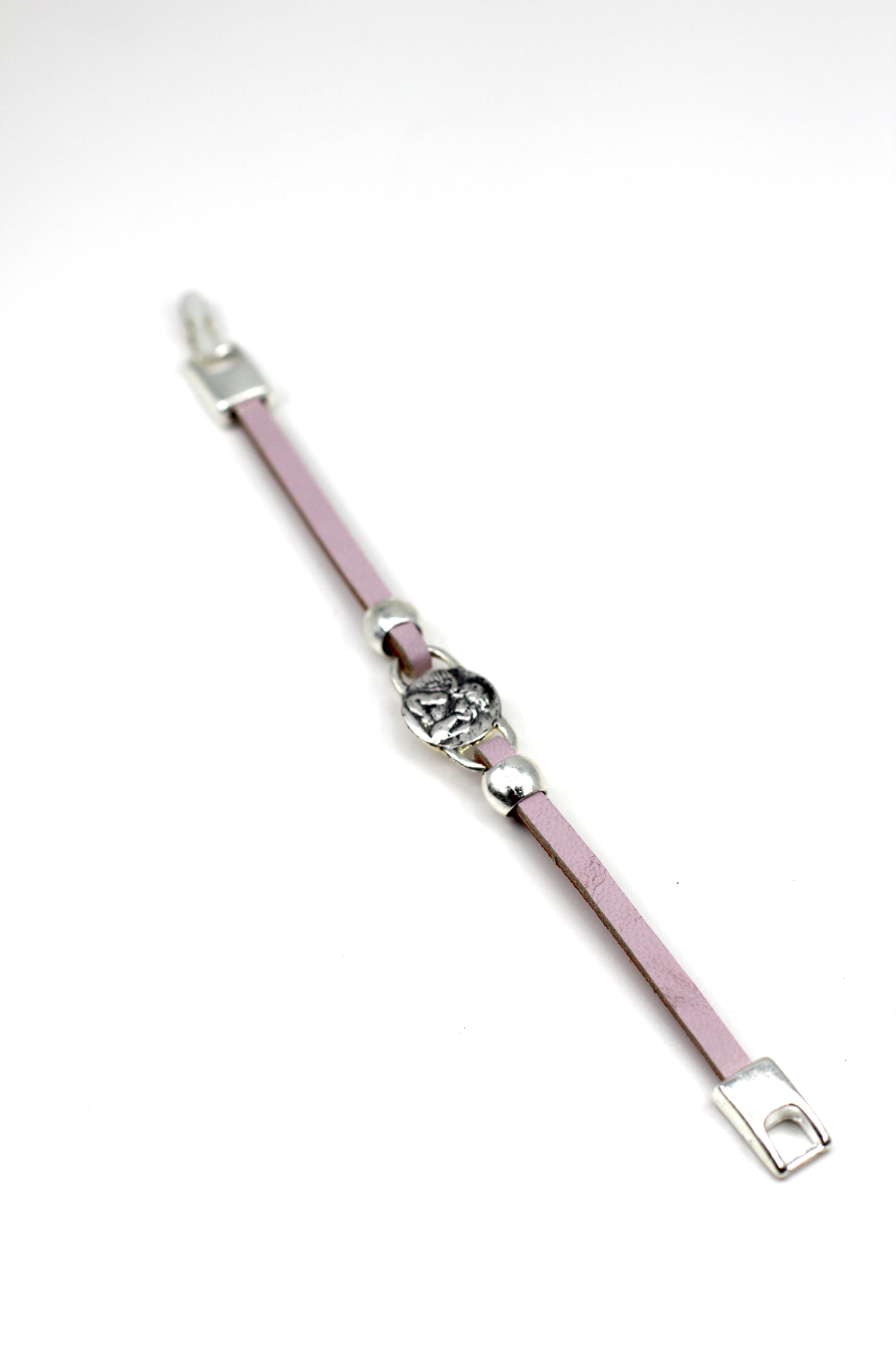 Girls Bracelet of The Guardian Angel handmade jewelry with a Single Leather Strap by Graciela's Collection