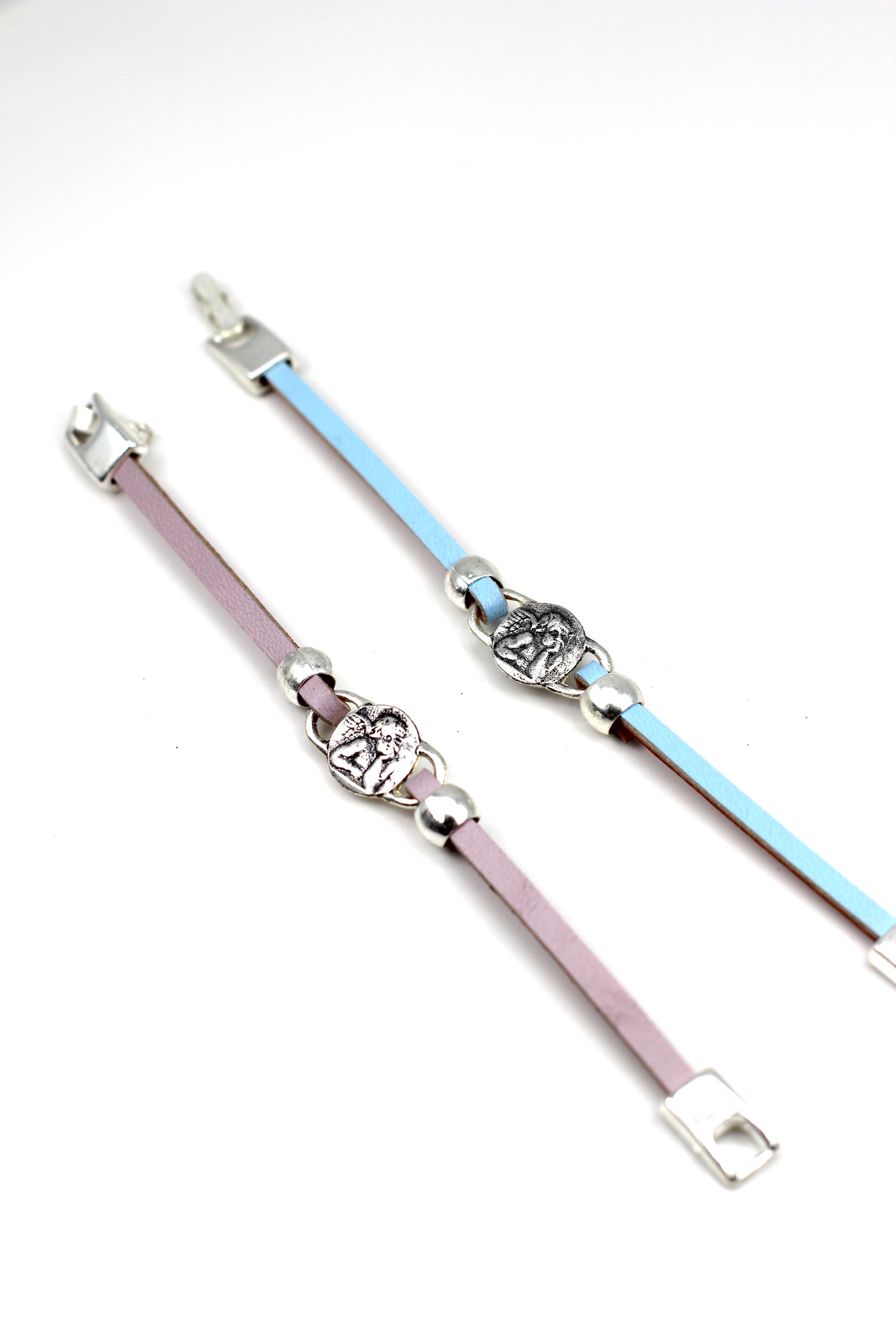 Girls Bracelet of The Guardian Angel handmade jewelry with a Single Leather Strap by Graciela's Collection