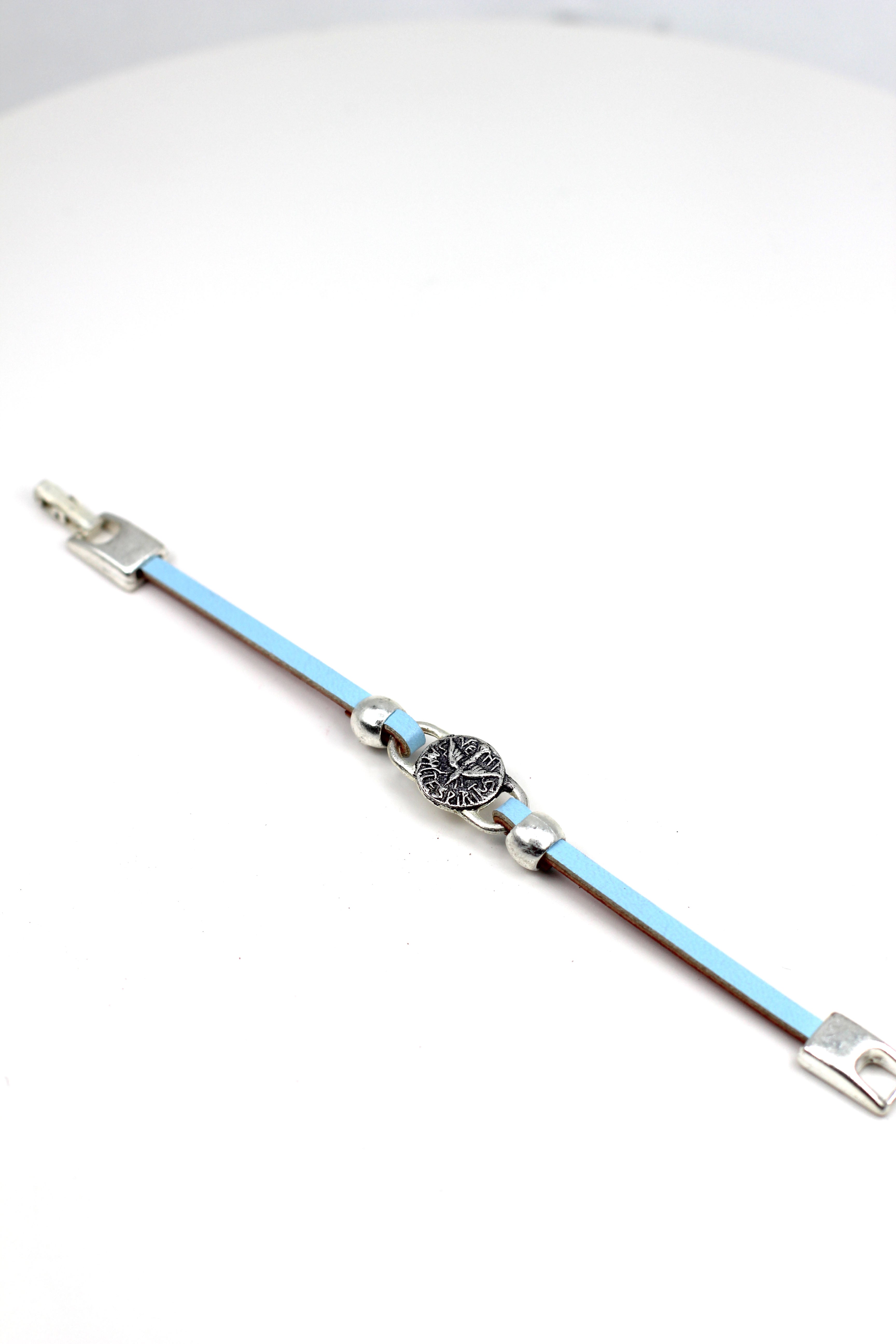 Girl Bracelet of The Holy Spirit Medal handmade jewelry with a Single Leather Strap by Graciela's Collection