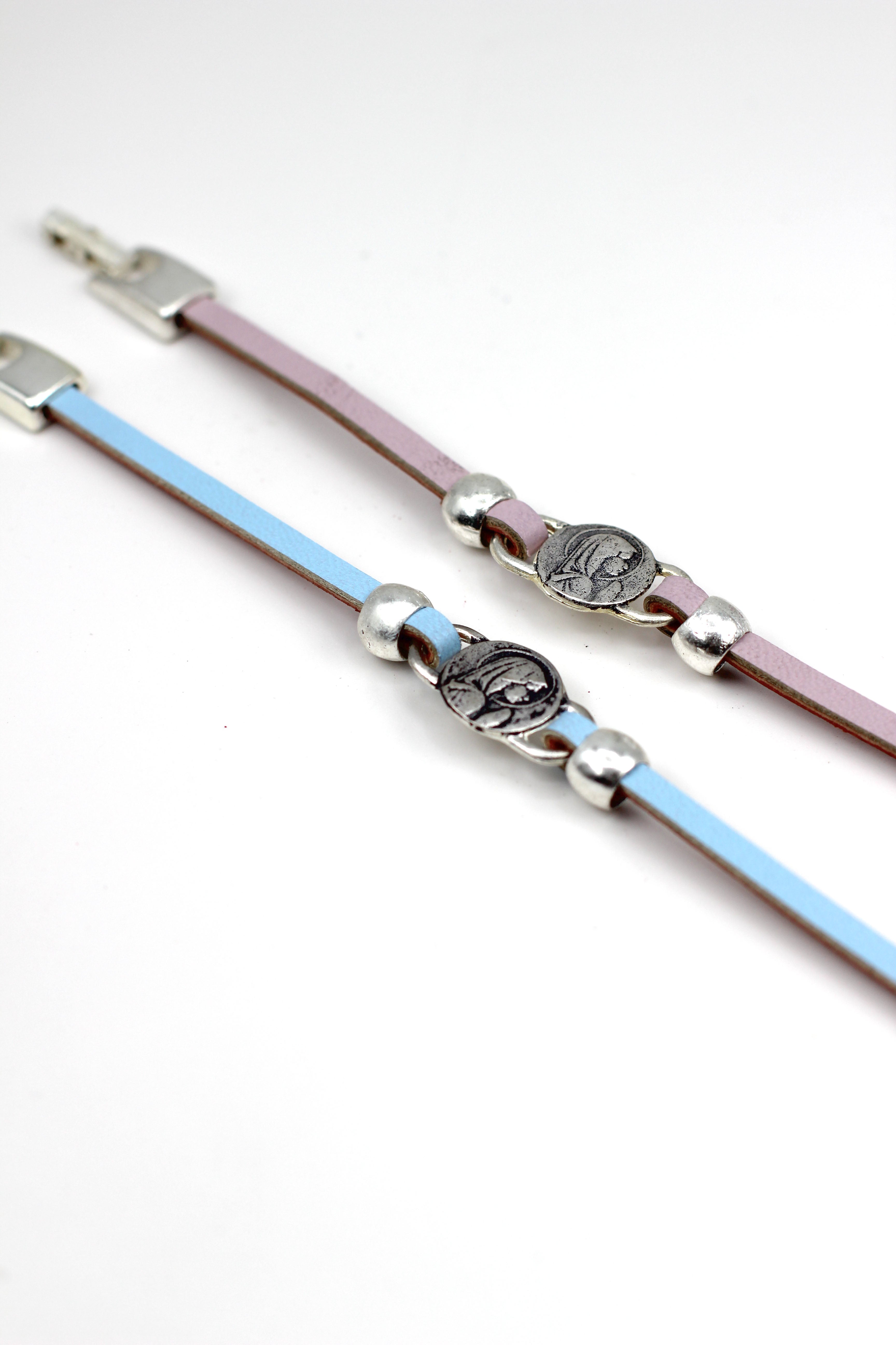 Girl Bracelet of Young Virgin Mary handmade jewelry with a Single Leather Strap by Graciela's Collection