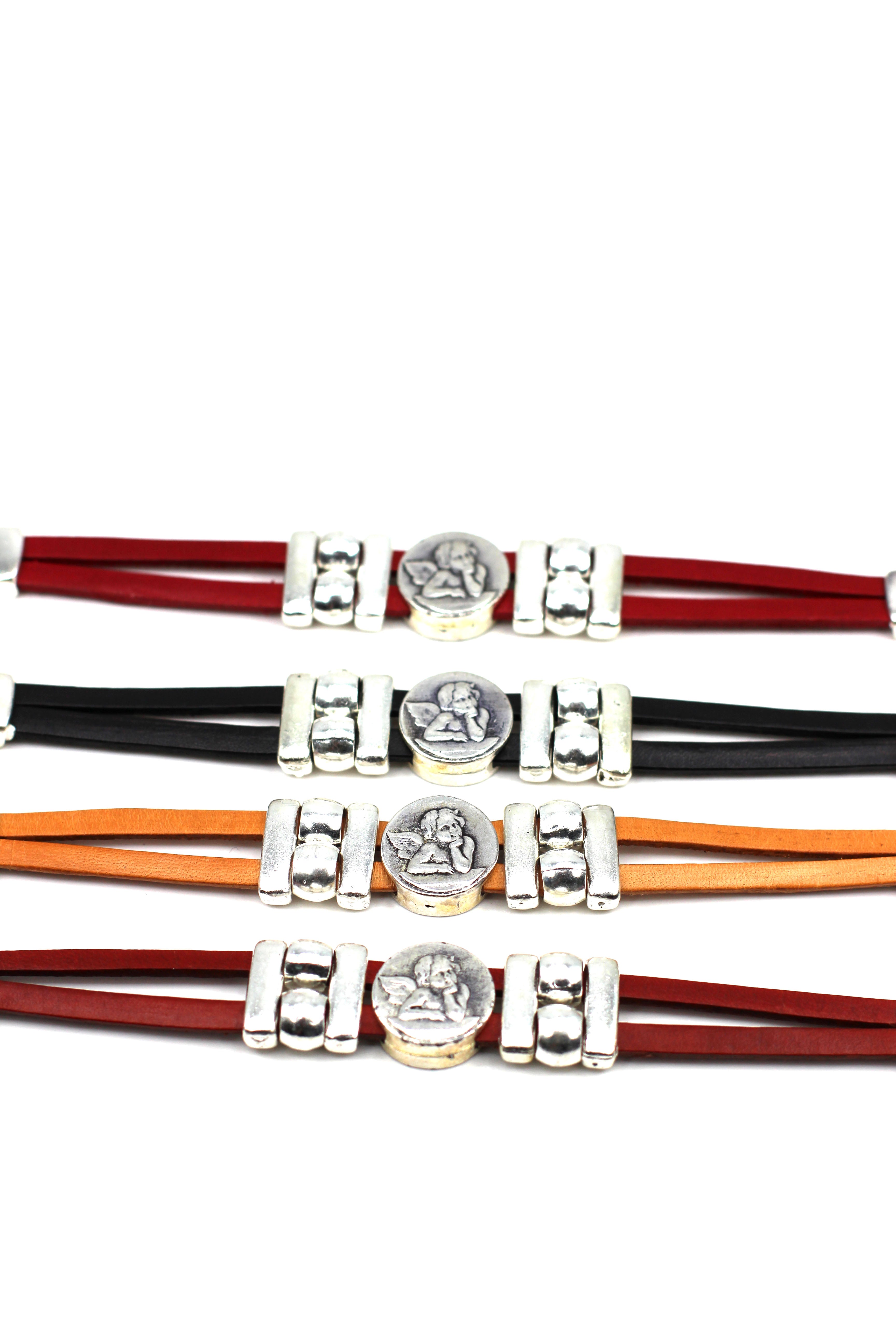 Bracelet of The Guardian Angel handmade jewelry with Double Leather Straps by Graciela's Collection