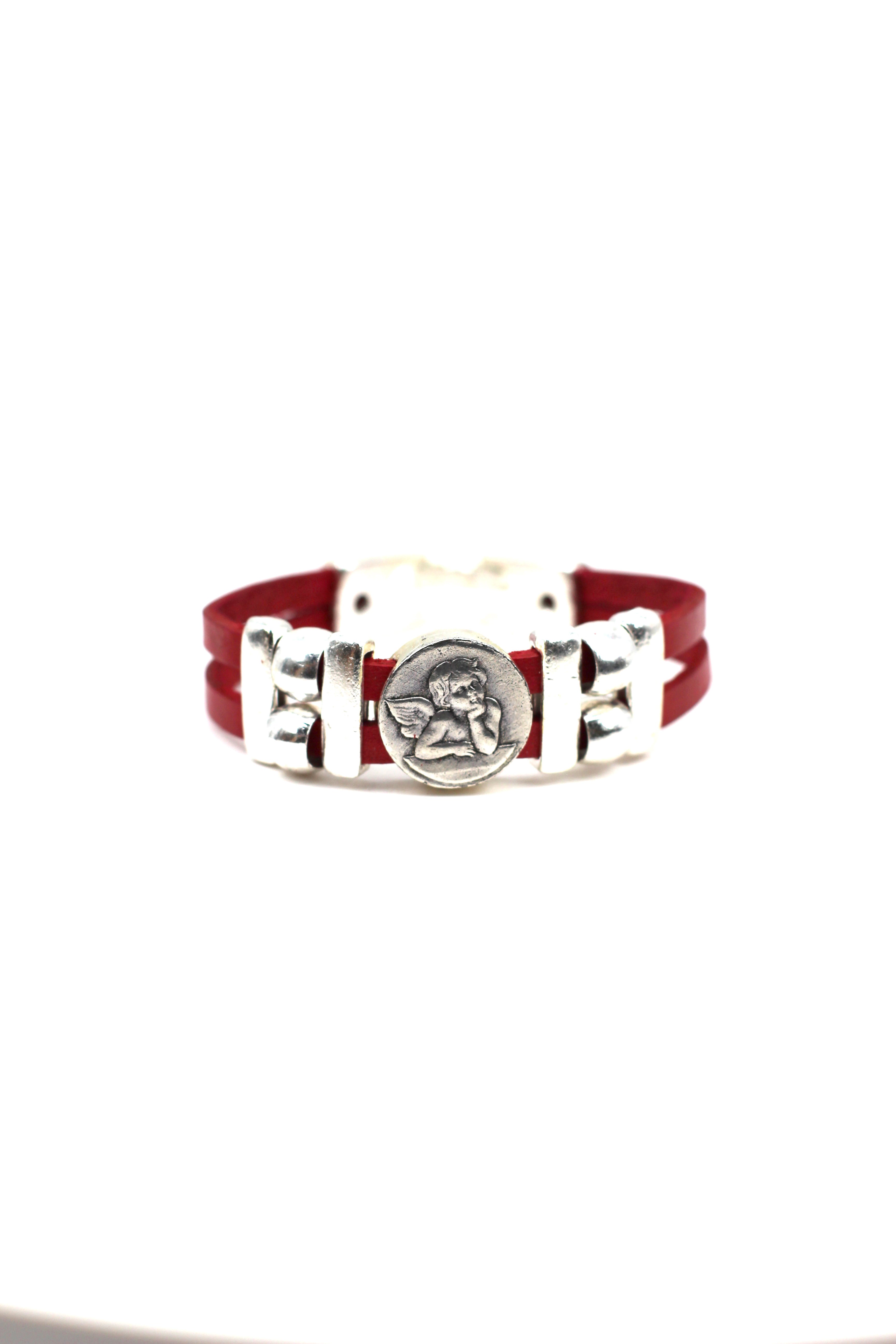 Bracelet of The Guardian Angel handmade jewelry with Double Leather Straps by Graciela's Collection