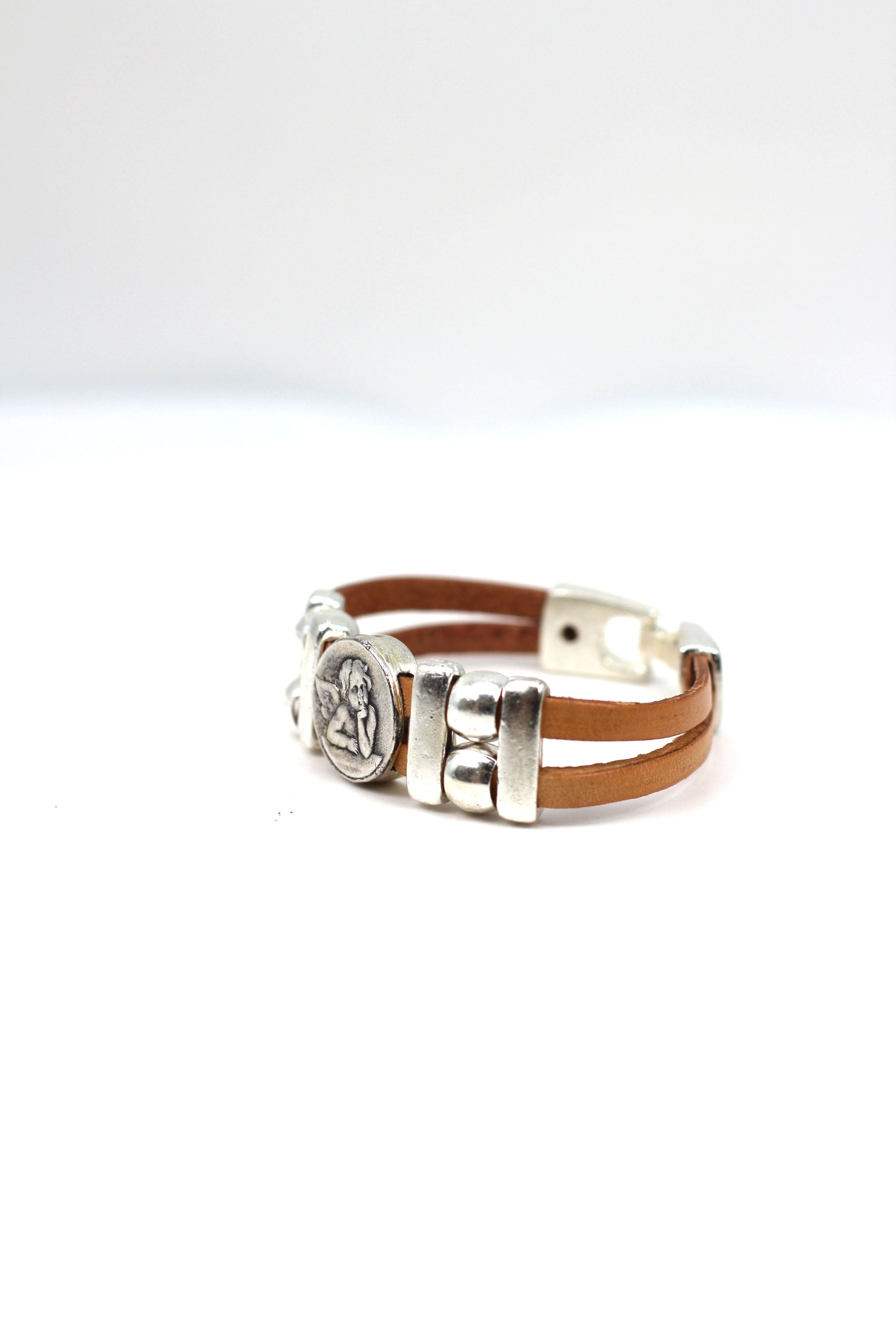 Bracelet of The Guardian Angel handmade jewelry with Double Leather Straps by Graciela's Collection