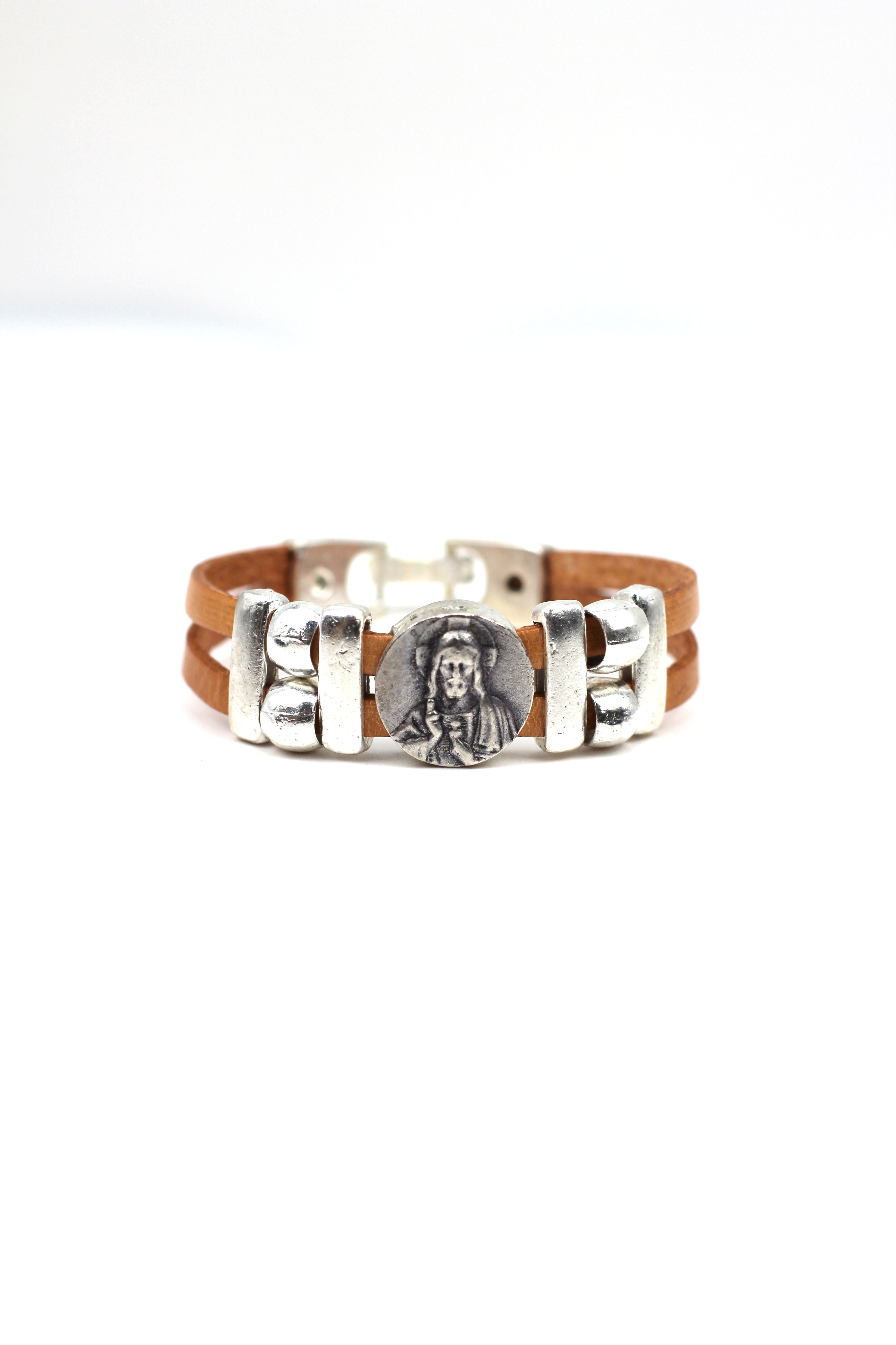 Vintage Sacred Heart bracelet handmade jewelry with Genuine Double Leather straps by Graciela's Collection