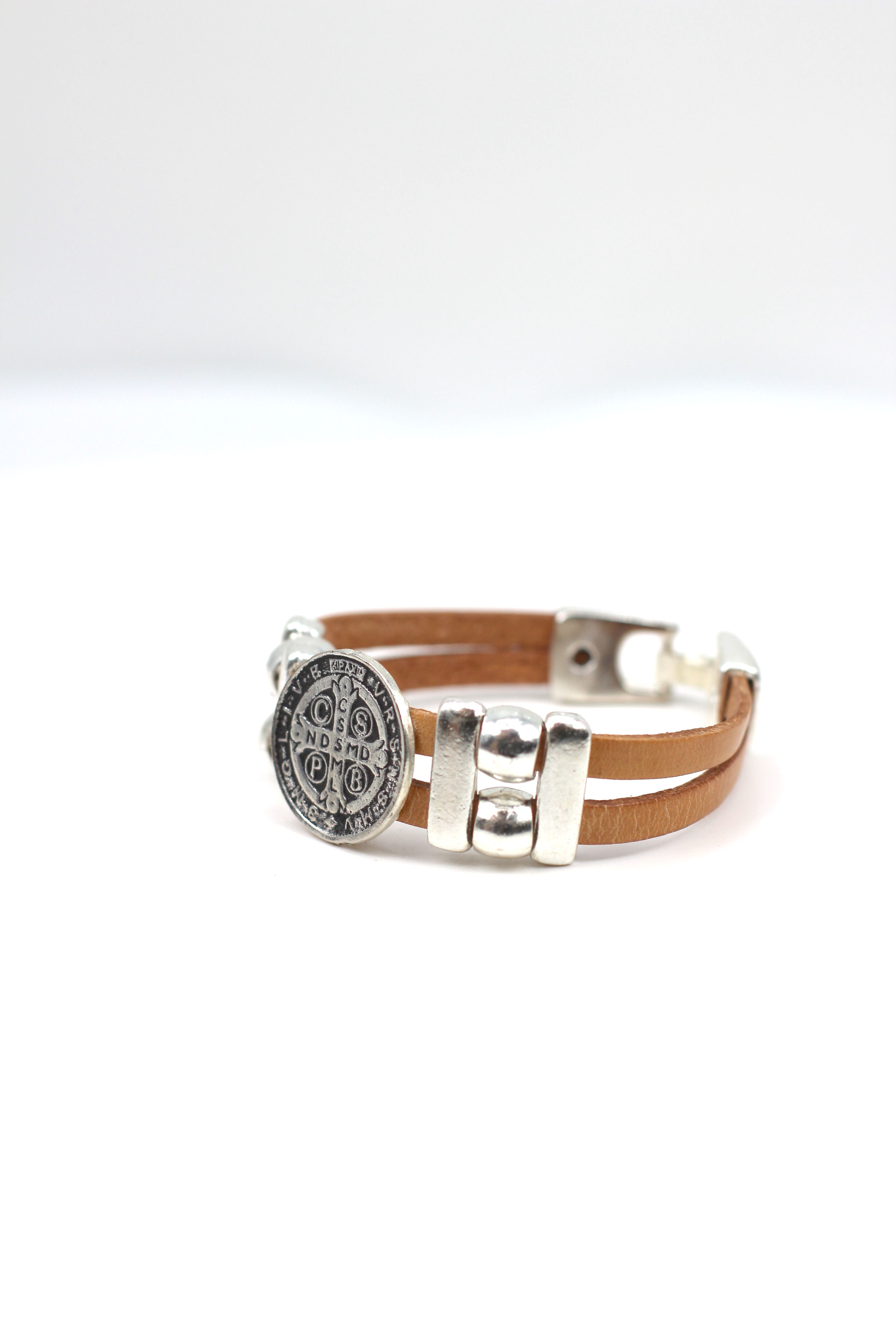 Vintage St. Benedict bracelet handmade jewelry with Double Leather Straps by Graciela's Collection