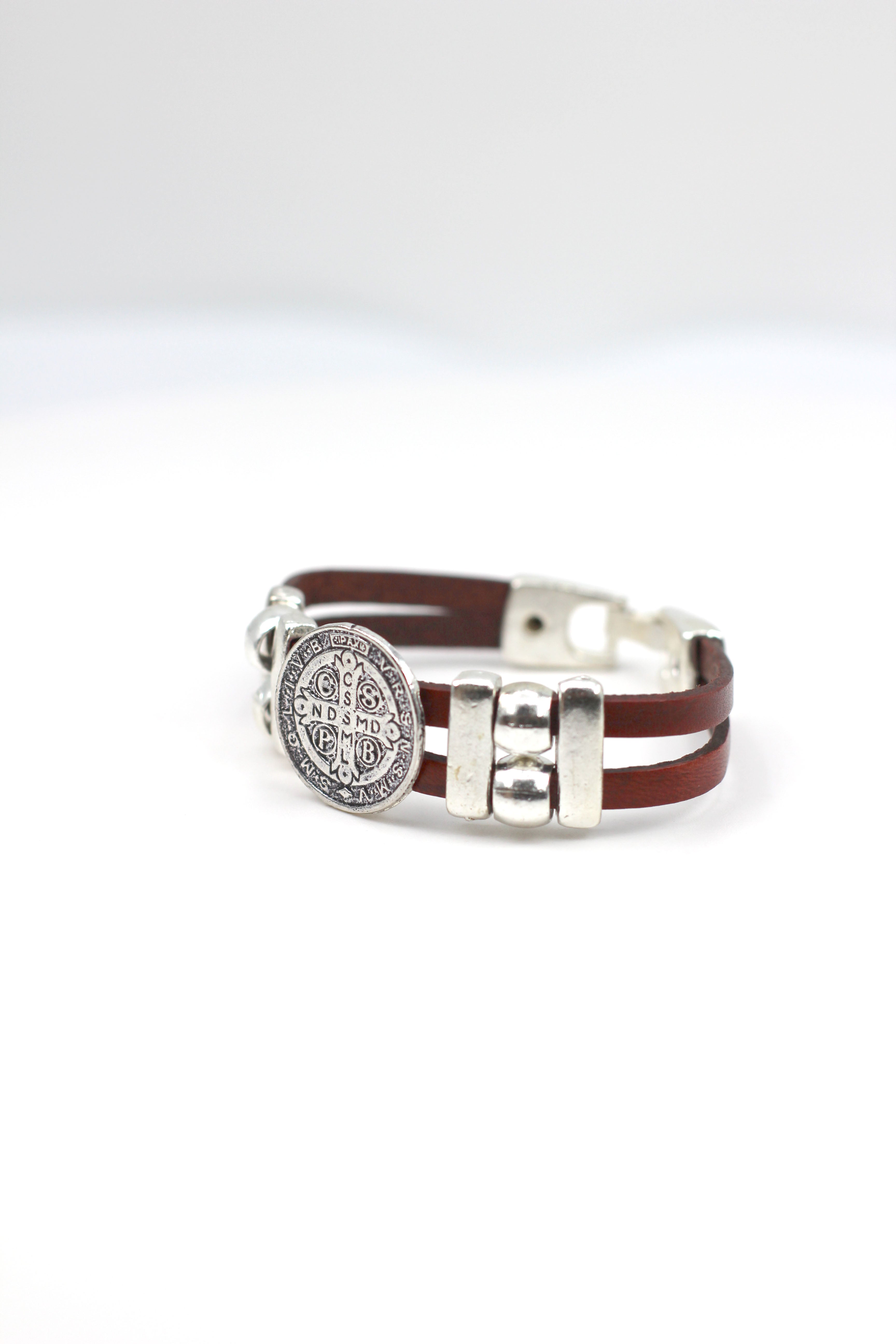 Vintage St. Benedict bracelet handmade jewelry with Double Leather Straps by Graciela's Collection