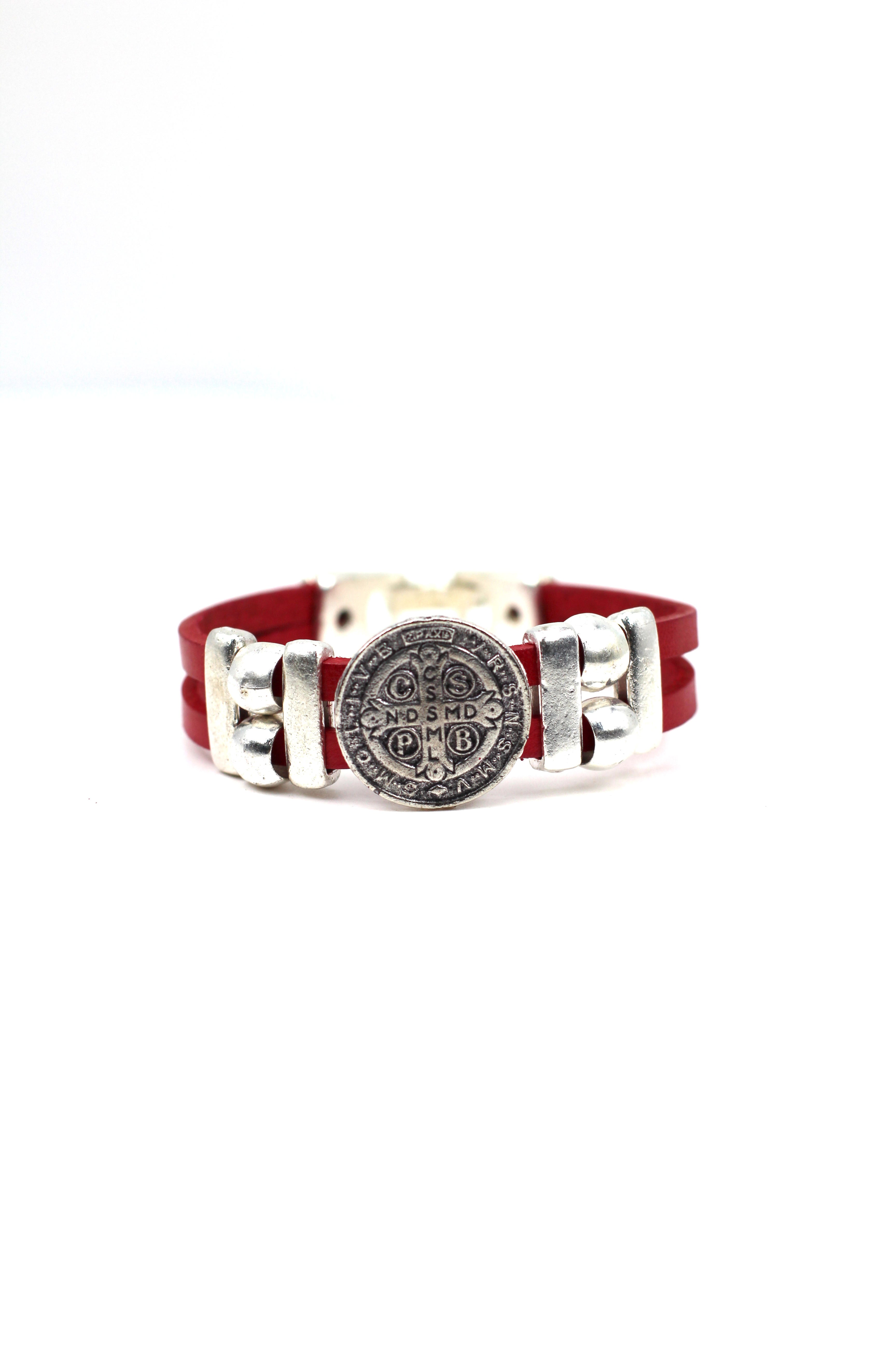 Vintage St. Benedict bracelet handmade jewelry with Double Leather Straps by Graciela's Collection