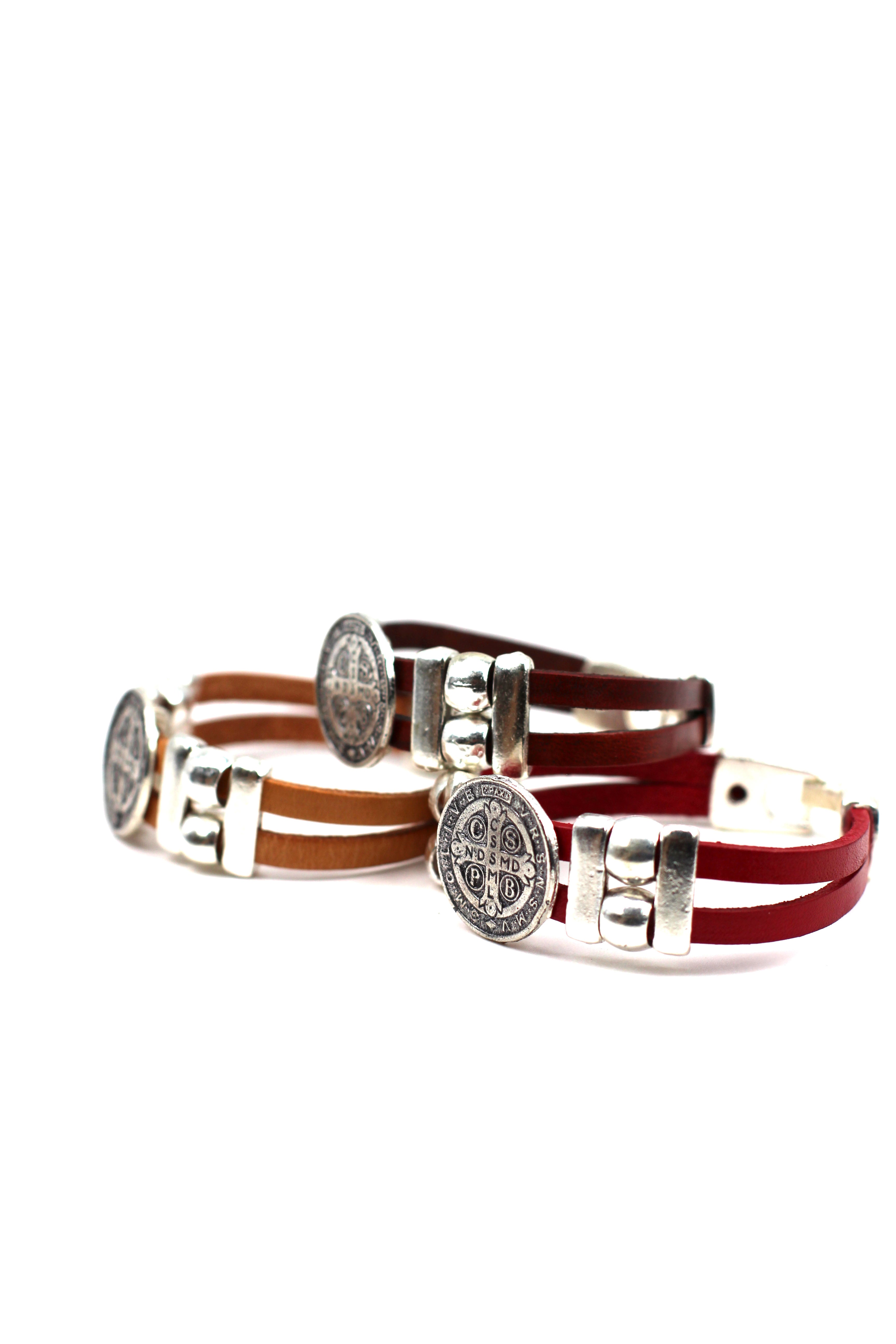 Vintage St. Benedict bracelet handmade jewelry with Double Leather Straps by Graciela's Collection