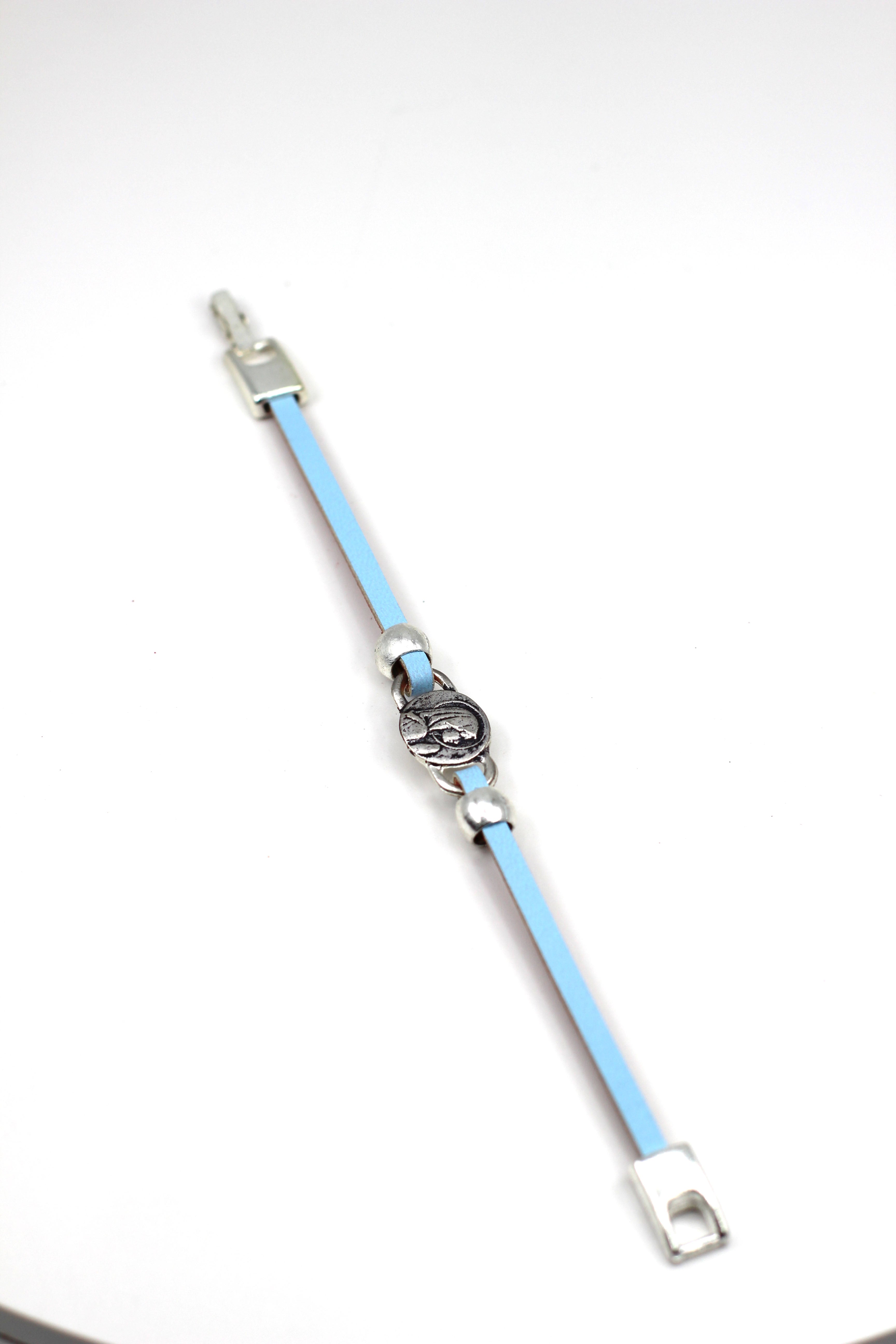 Girl Bracelet of Young Virgin Mary handmade jewelry with a Single Leather Strap by Graciela's Collection