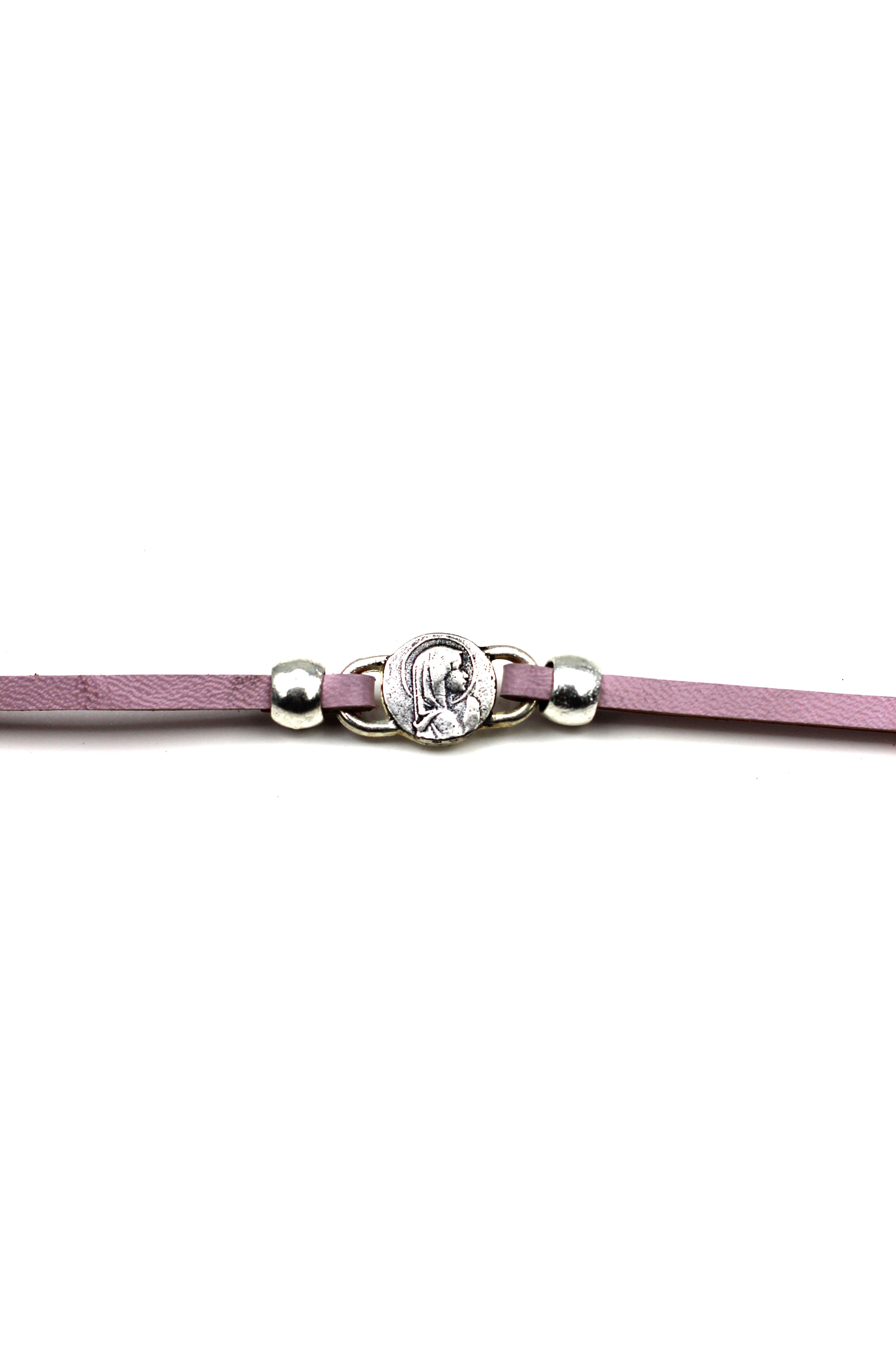 Girl Bracelet of Young Virgin Mary handmade jewelry with a Single Leather Strap by Graciela's Collection