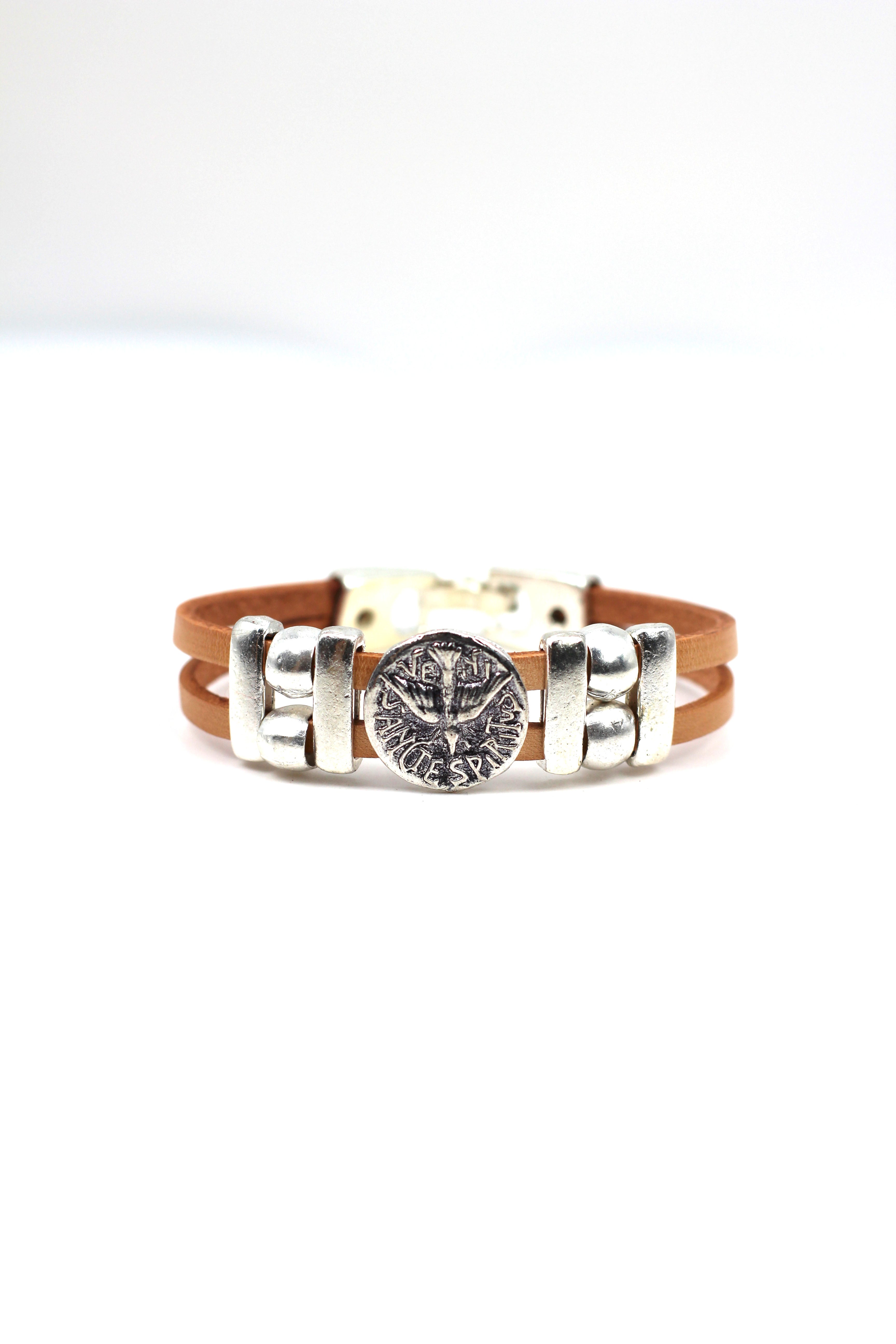 Vintage The Holy Spirit Bracelet handmade jewelry with Leather straps by Graciela's Collection