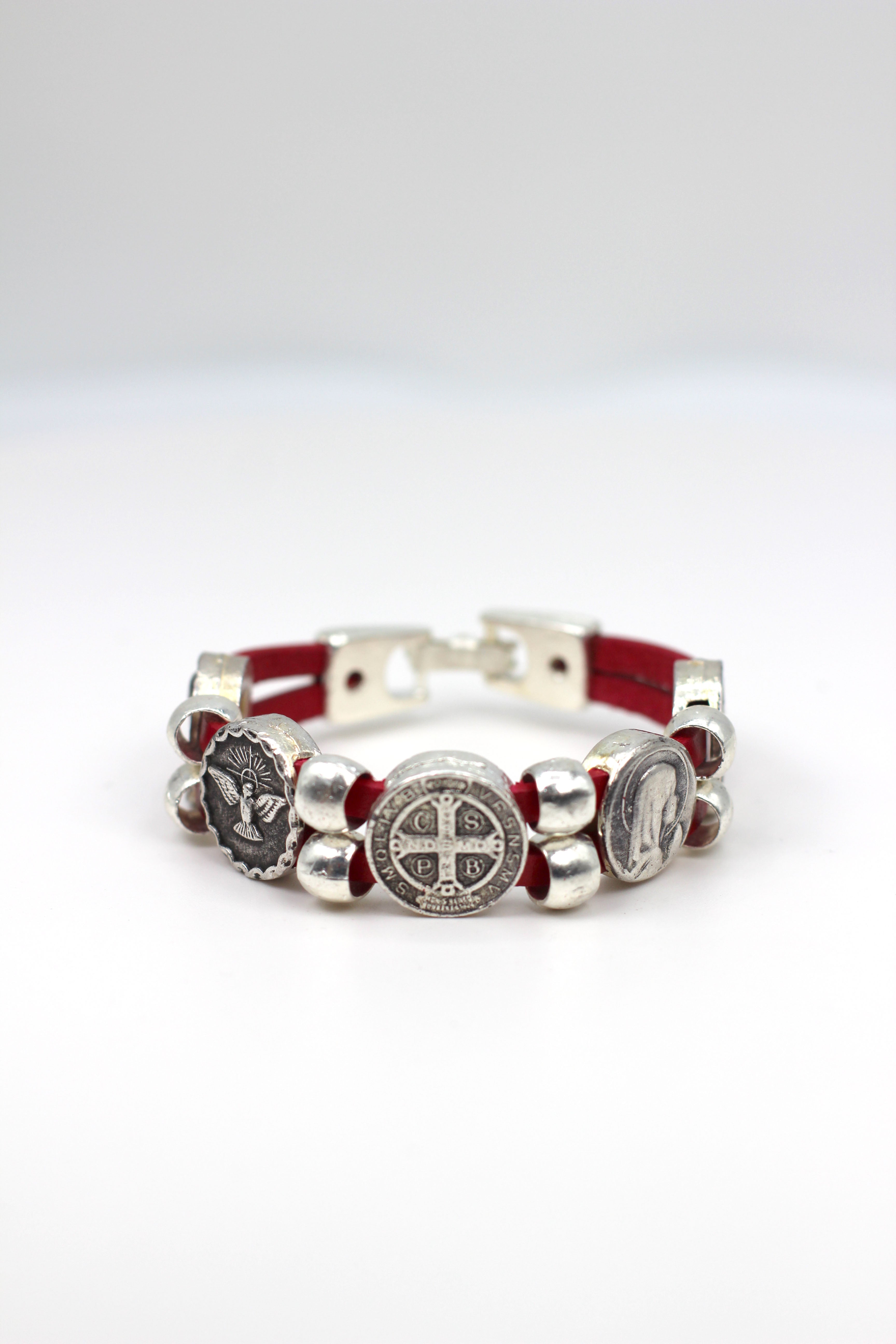 Vintage Bracelet with Double Leather Strap and Medals of The Virgen Mary, St. Benedict, Sacred Heart of Jesus, Guardian Angel, and Holy Spirit handmade jewelry by Graciela's Collection