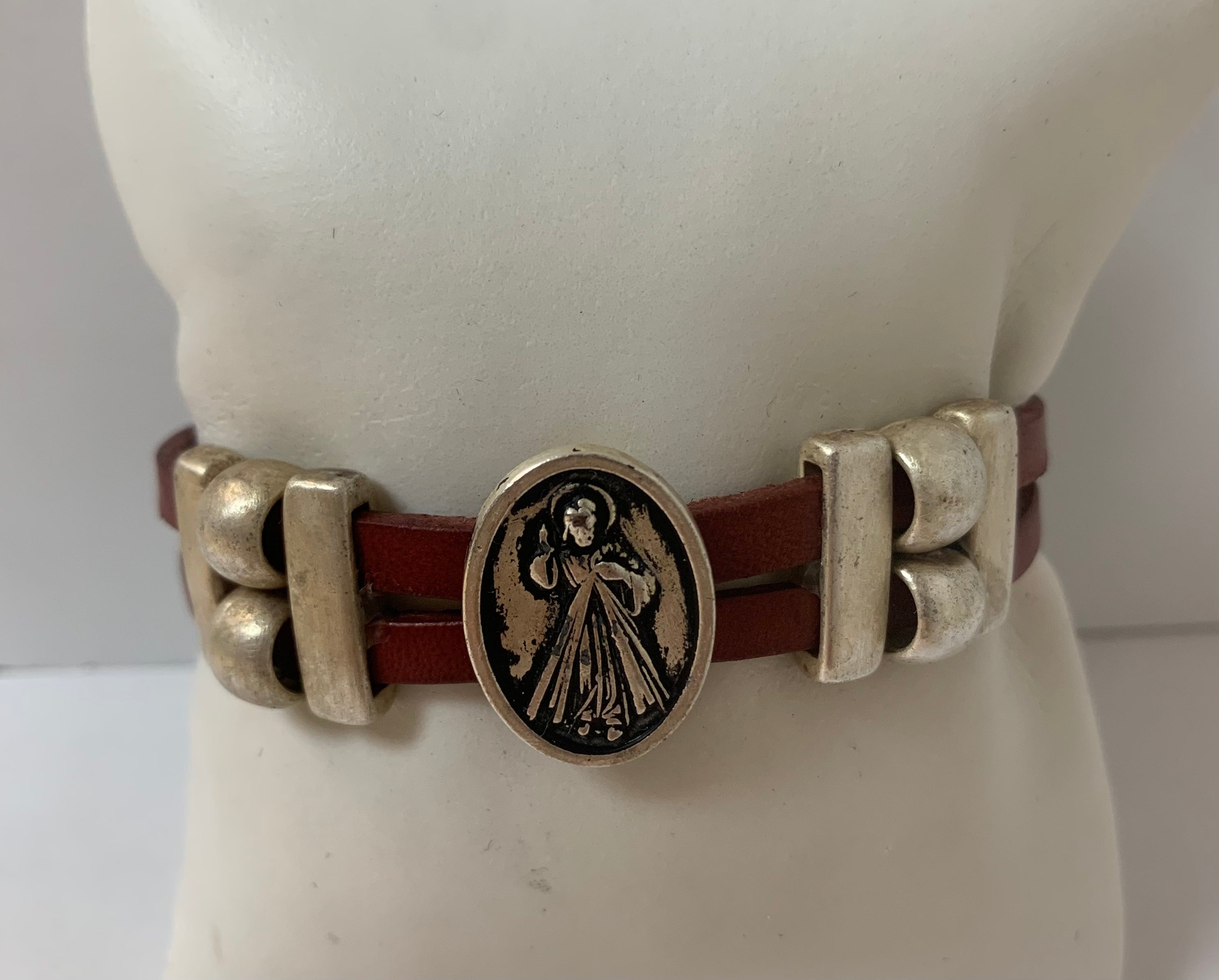 Bracelet of Divine Mercy Medal handmade jewelry with Double Leather Straps by Graciela's Collection