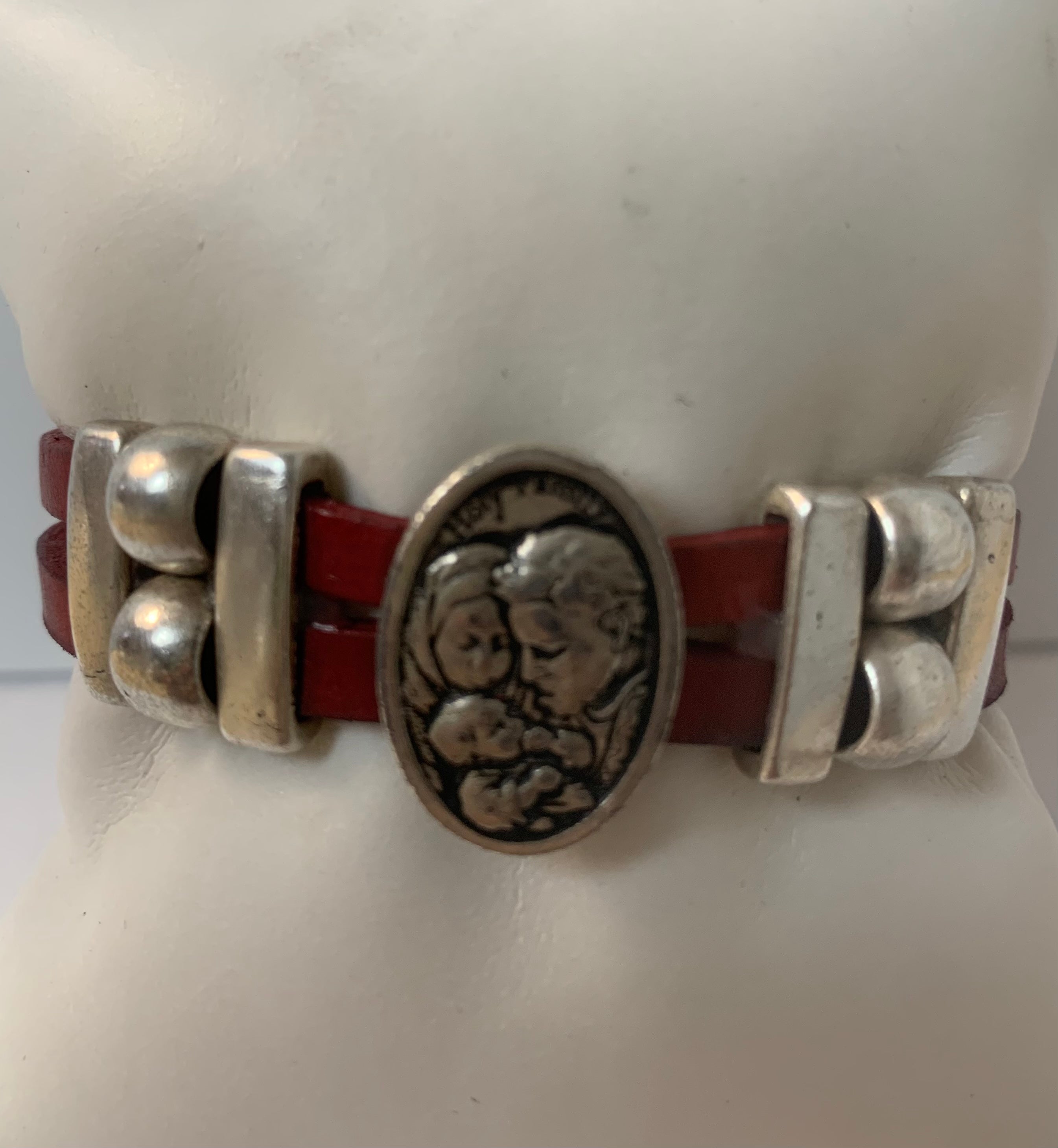 Bracelet of The Holy Family handmade jewelry with Double Leather Straps by Graciela's Collection