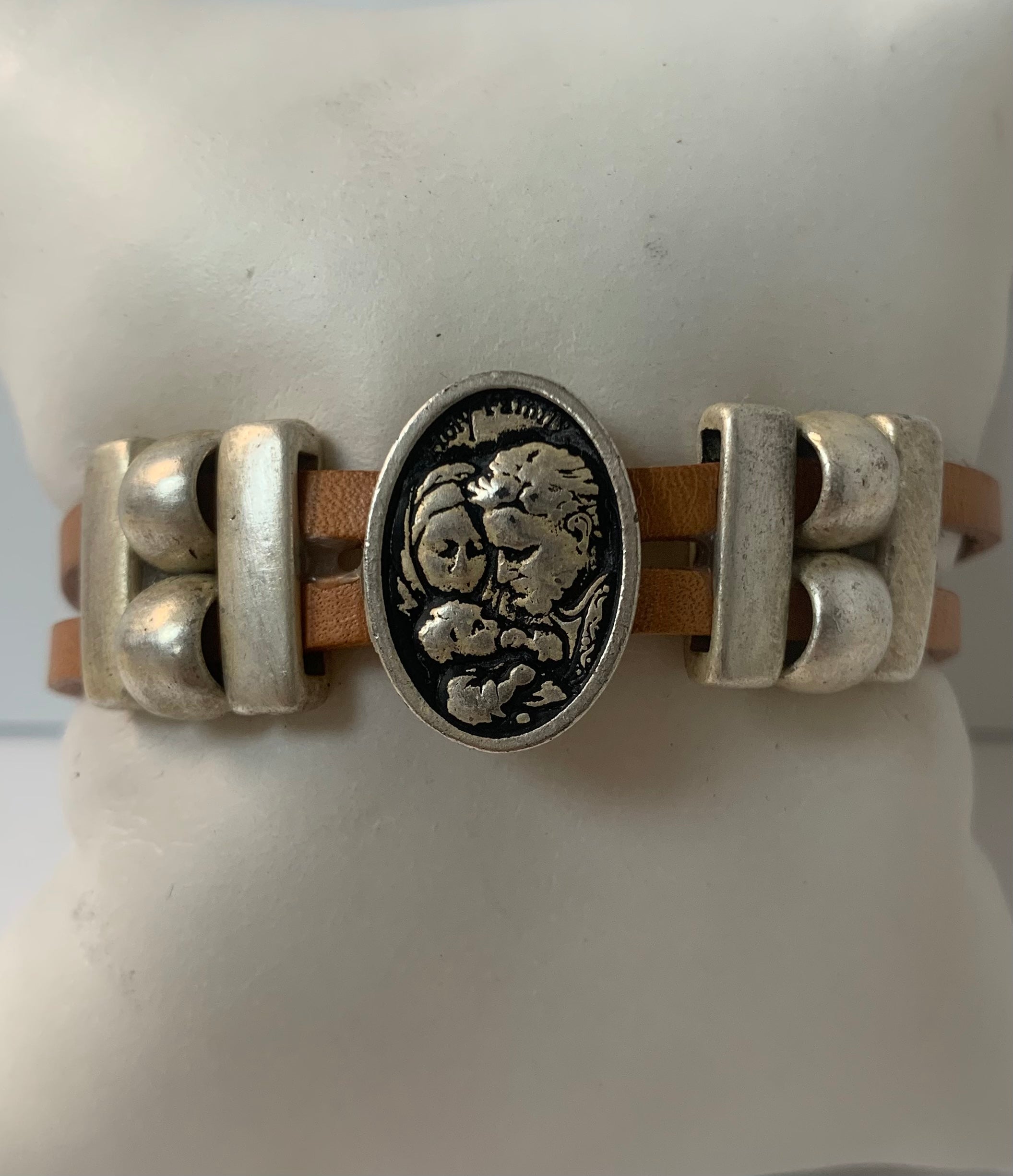 Bracelet of The Holy Family handmade jewelry with Double Leather Straps by Graciela's Collection