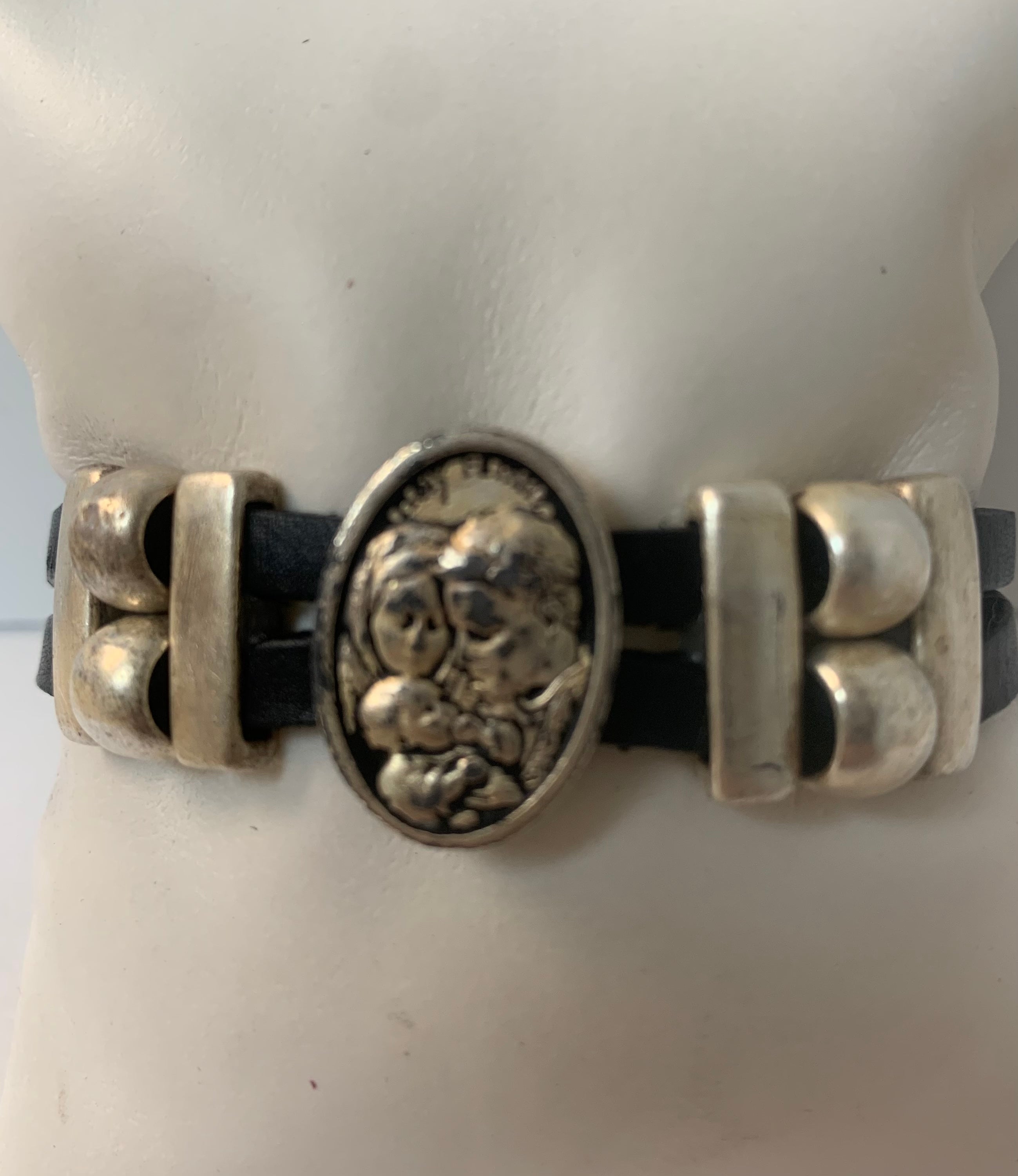 Bracelet of The Holy Family handmade jewelry with Double Leather Straps by Graciela's Collection