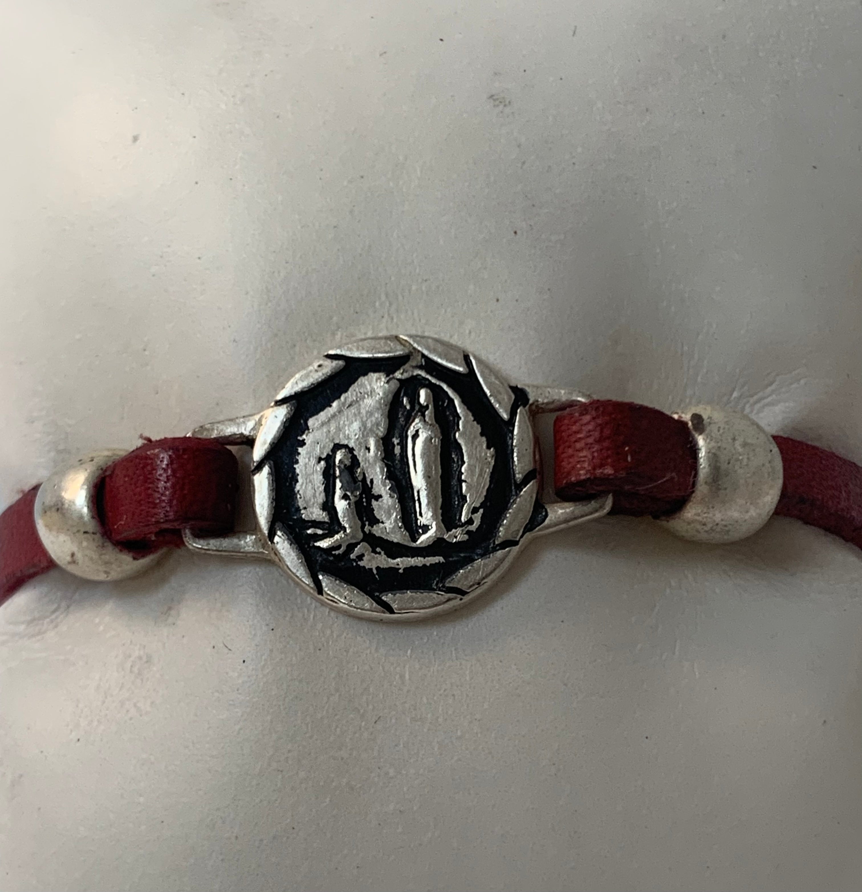 Bracelet of Our Lady of Lourdes handmade jewelry with Leather Straps by Graciela's Collection