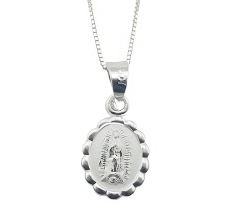 Our Lady of Guadalupe Medal Mini Oval Silver Floral Necklace