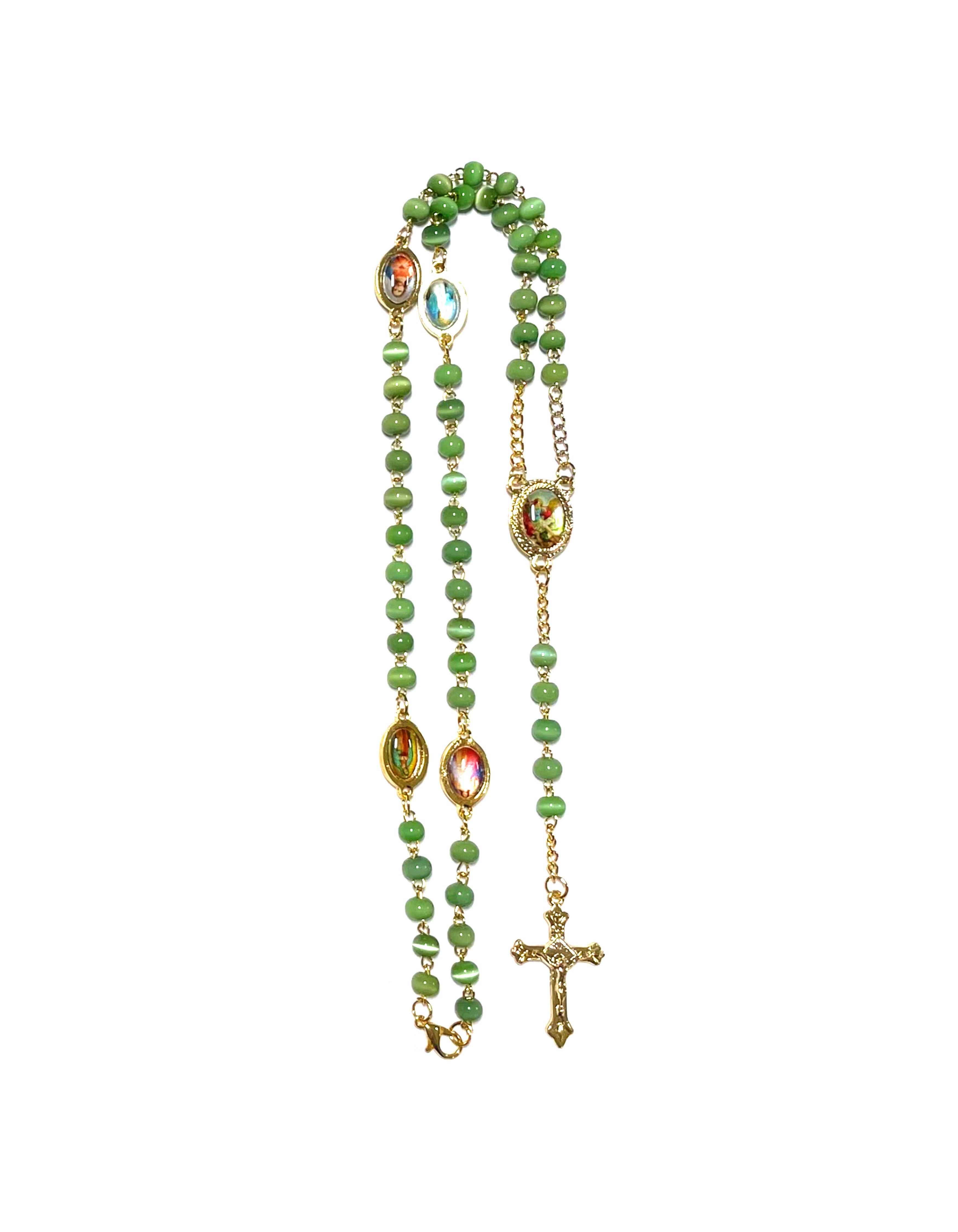Cat's eye stone rosary with medals of various saints in each mystery