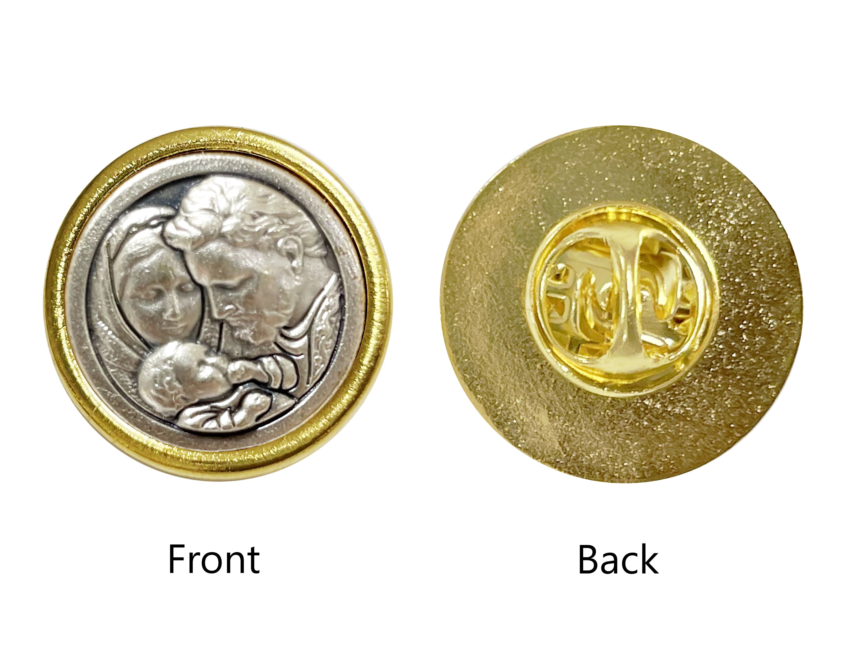 Saints medals round lapel pin golden and oxidized silver
