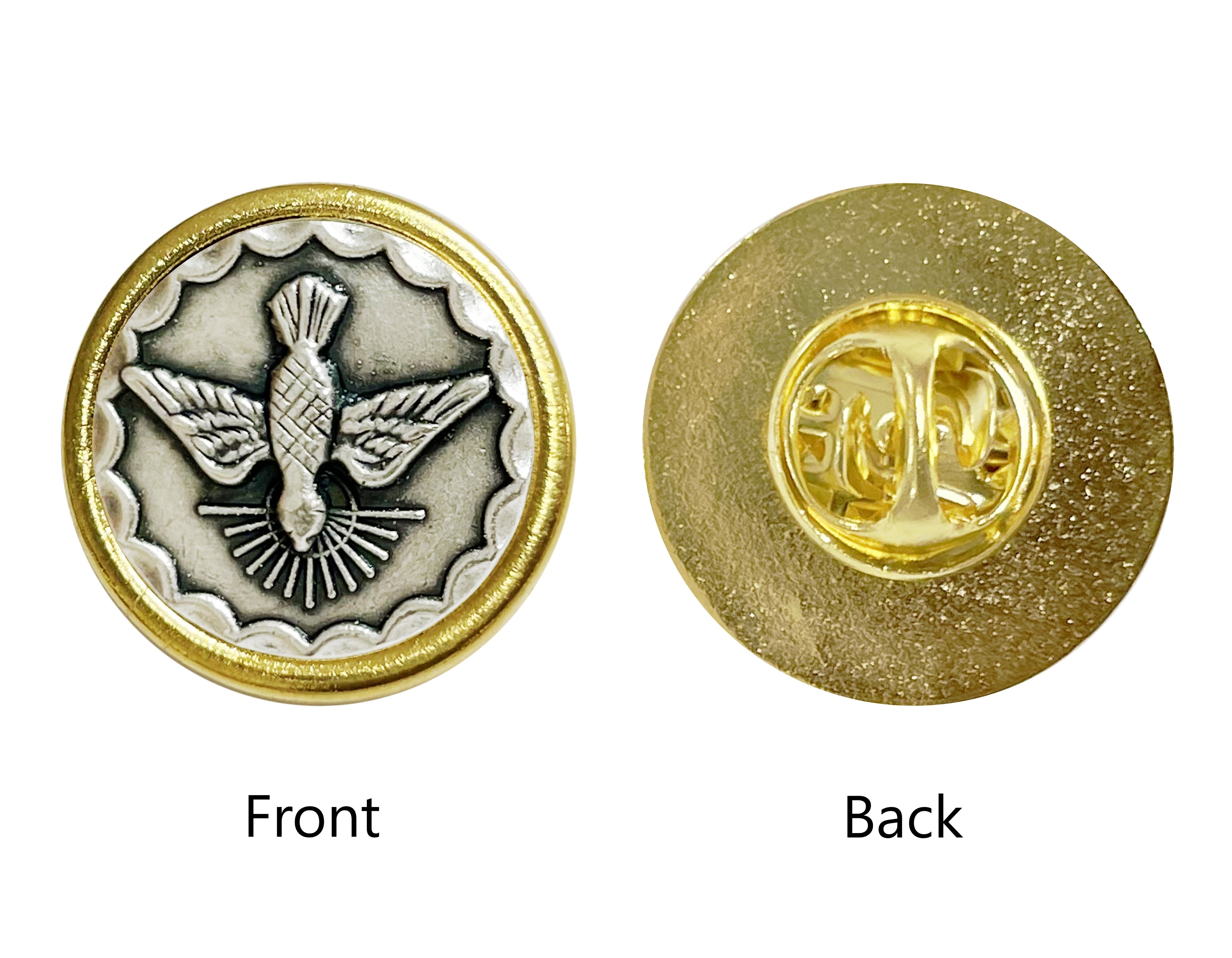 Saints medals round lapel pin golden and oxidized silver